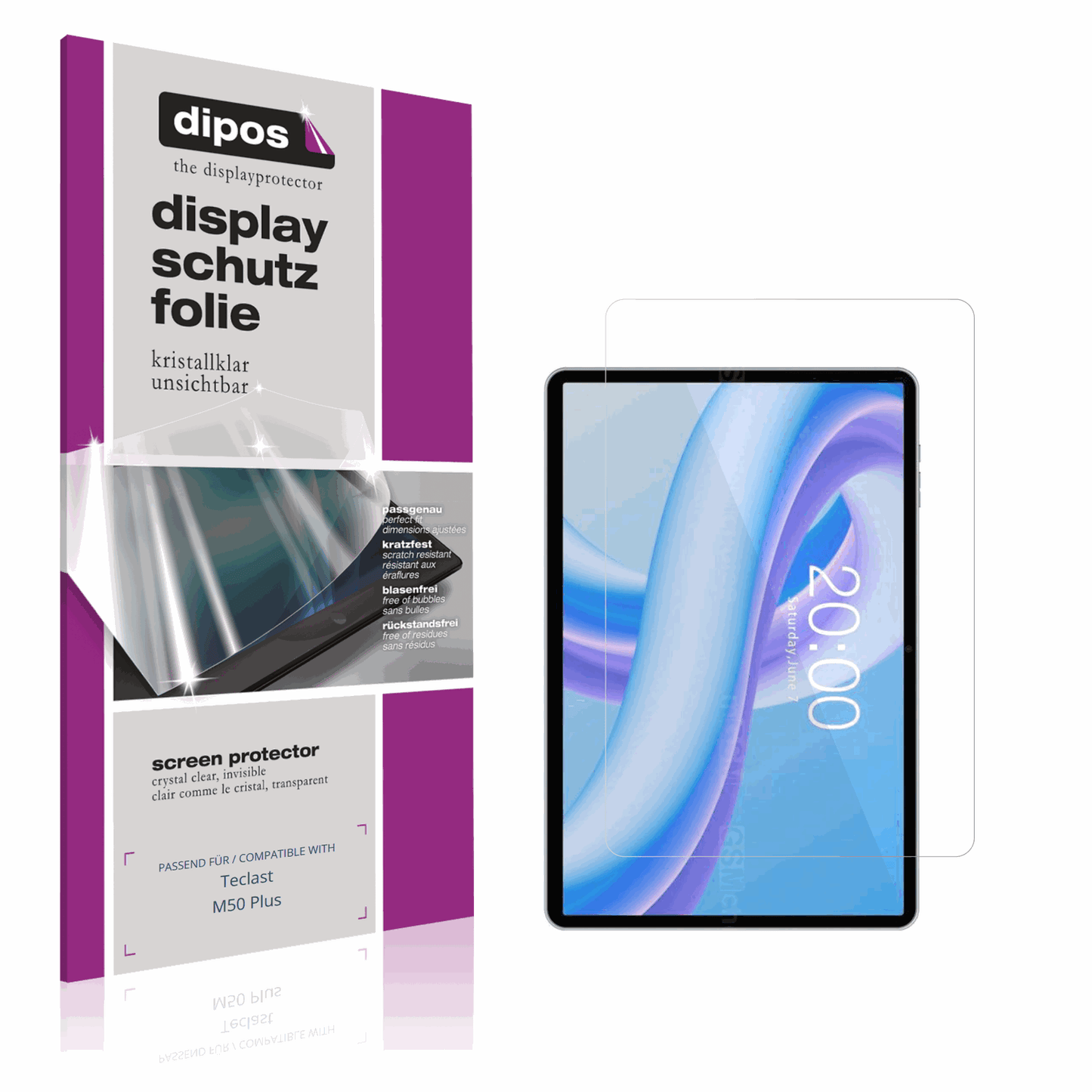 Klare Displayschutzfolie von dipos passend für Teclast M50 Plus, präziser Zuschnitt und blasenfrei montiert