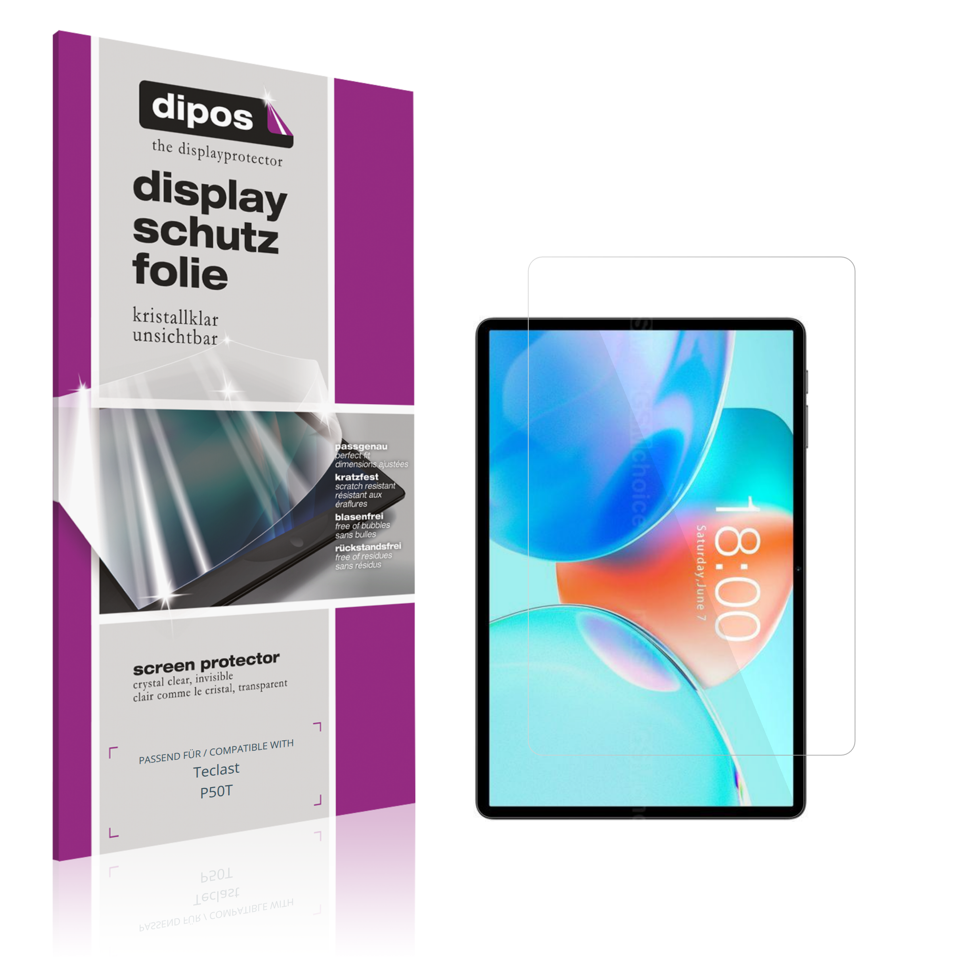 Klare Displayschutzfolie von dipos passend für Teclast P50T, präziser Zuschnitt und blasenfrei montiert
