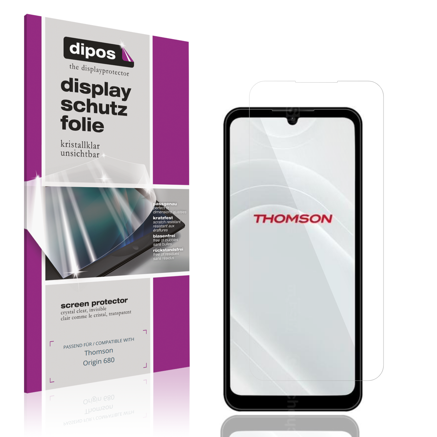Klare Displayschutzfolie von dipos passend für Thomson Origin 680, präziser Zuschnitt und blasenfrei montiert
