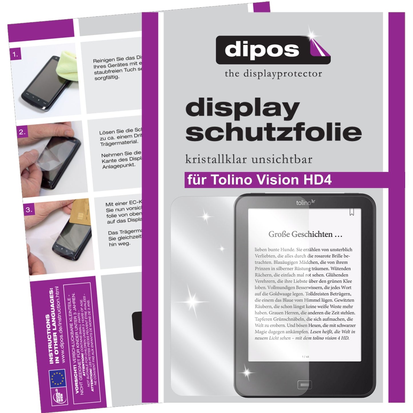 Klare Displayschutzfolie von dipos passend für Tolino Vision HD4, präziser Zuschnitt und blasenfrei montiert