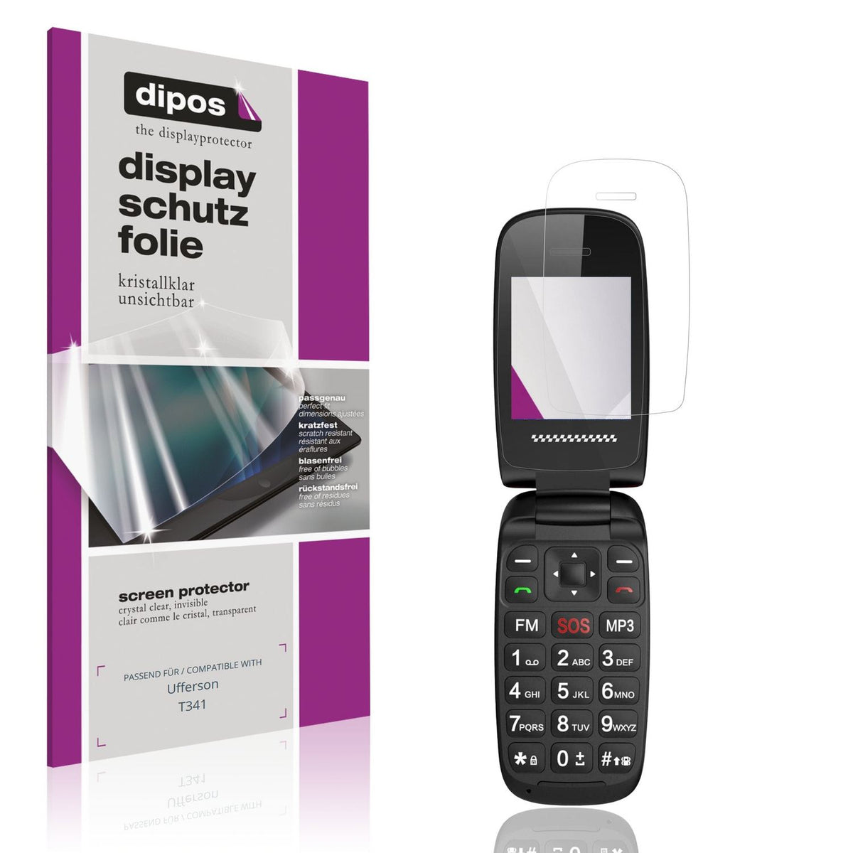 Klare Displayschutzfolie von dipos passend für Ufferson T341, präziser Zuschnitt und blasenfrei montiert