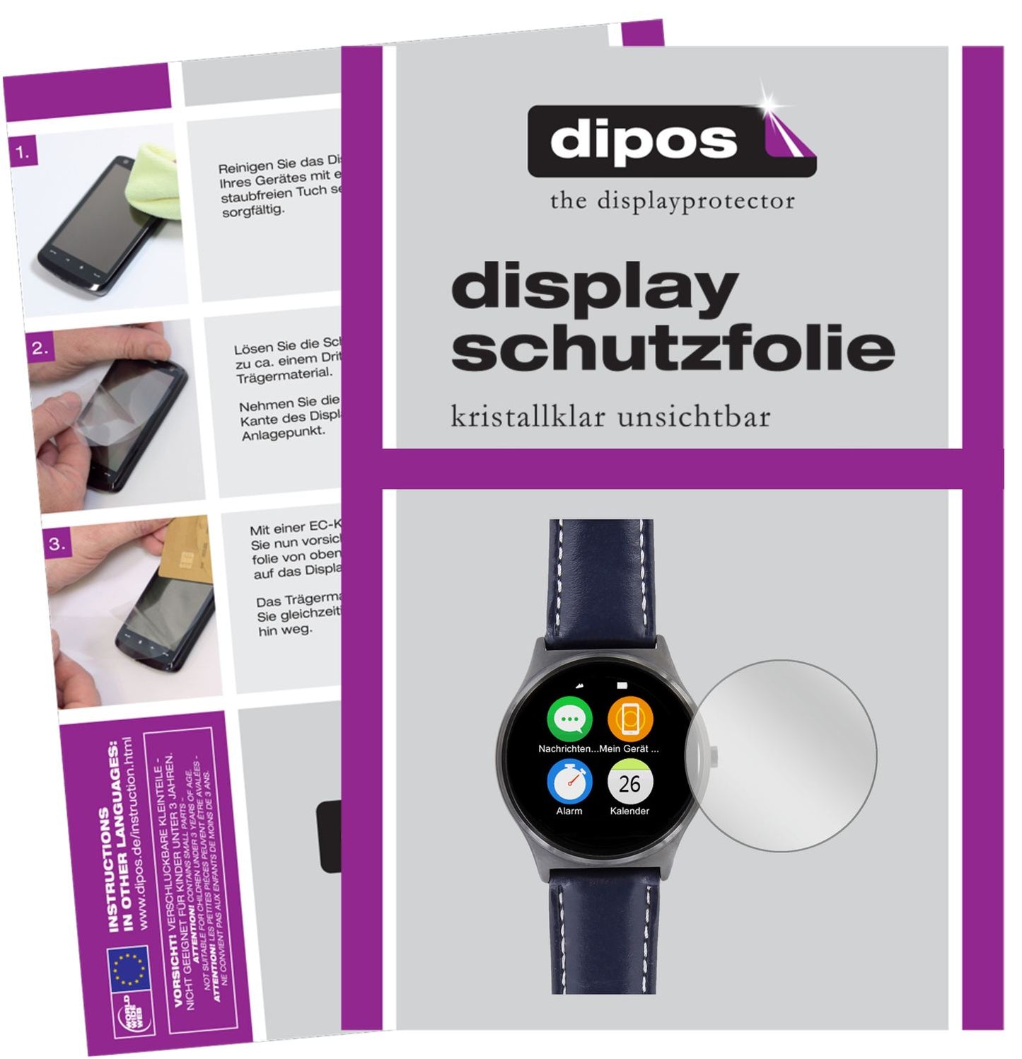 Klare Displayschutzfolie von dipos passend für Uhr 51.5 mm Durchmesser, präziser Zuschnitt und blasenfrei montiert