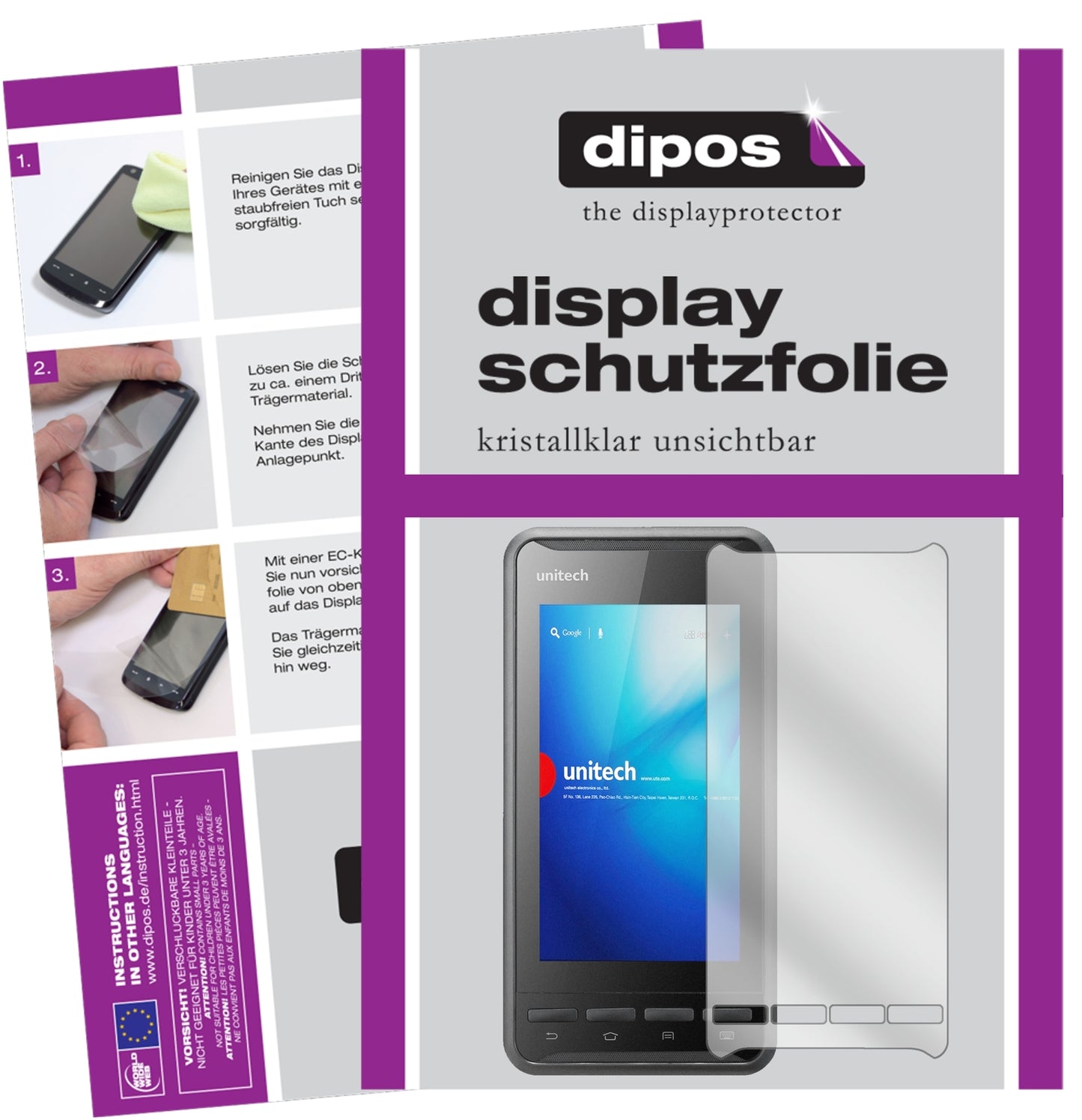 Klare Displayschutzfolie von dipos passend für Unitech PA700, präziser Zuschnitt und blasenfrei montiert
