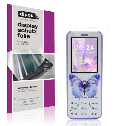 Klare Displayschutzfolie von dipos passend für VELATEMOR Senioren-Handy, präziser Zuschnitt und blasenfrei montiert