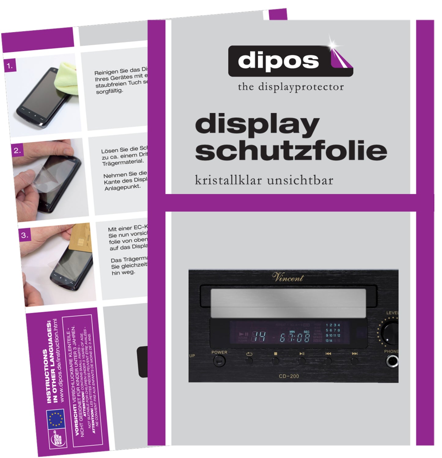Klare Displayschutzfolie von dipos passend für Vincent CD-200, präziser Zuschnitt und blasenfrei montiert