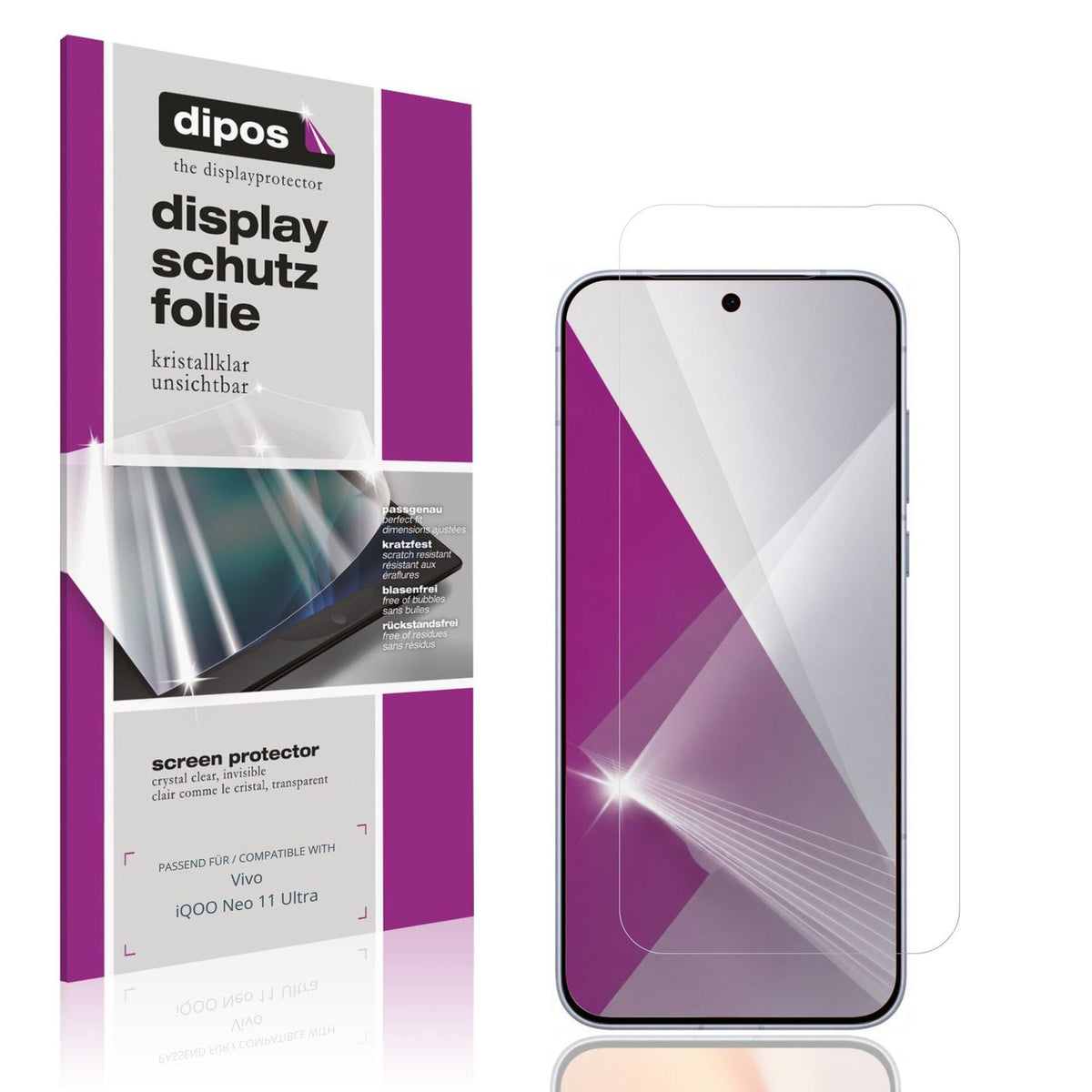 Klare Displayschutzfolie von dipos passend für Vivo iQOO Neo 11 Ultra, präziser Zuschnitt und blasenfrei montiert