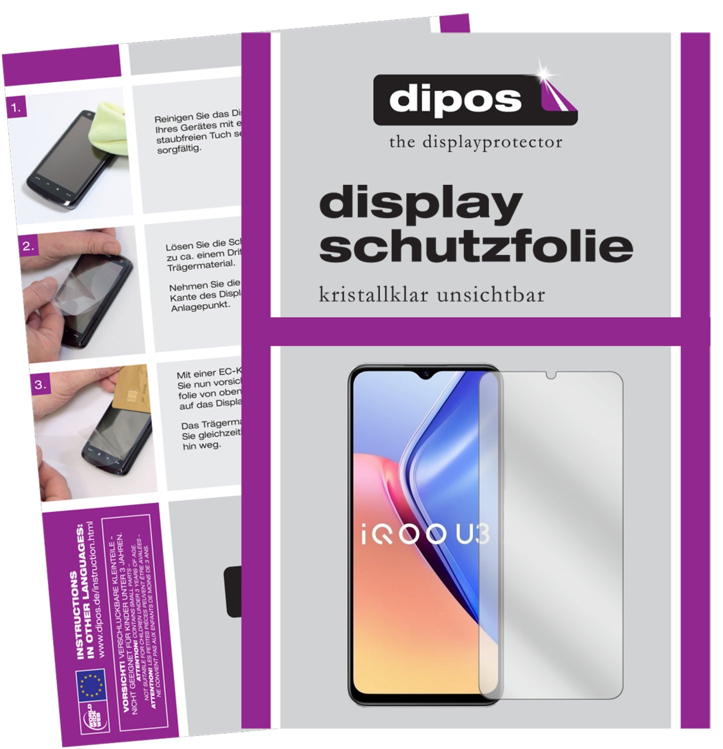 Klare Displayschutzfolie von dipos passend für Vivo iQOO U3, präziser Zuschnitt und blasenfrei montiert