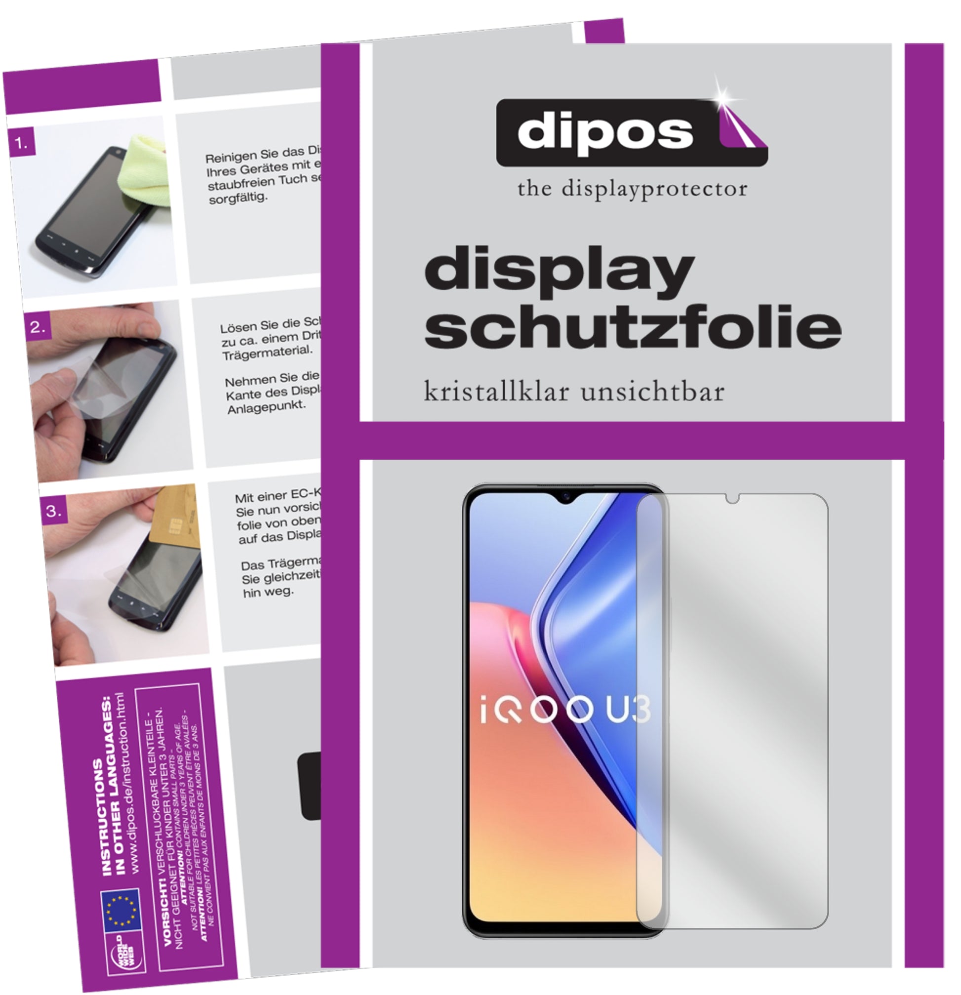 Klare Displayschutzfolie von dipos passend für Vivo iQOO U3, präziser Zuschnitt und blasenfrei montiert