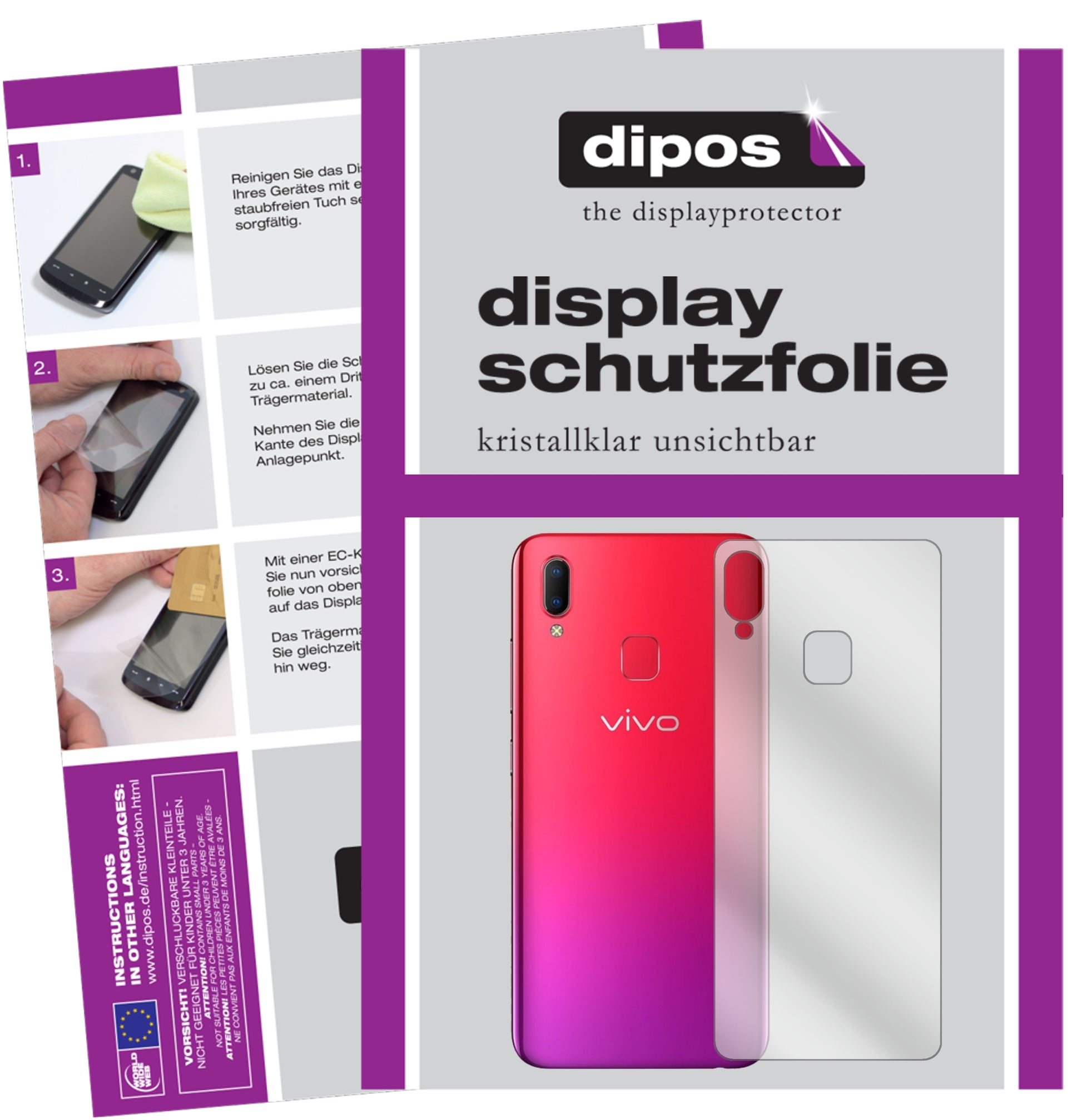 Klare Displayschutzfolie von dipos passend für Vivo U1 Rückseite, präziser Zuschnitt und blasenfrei montiert