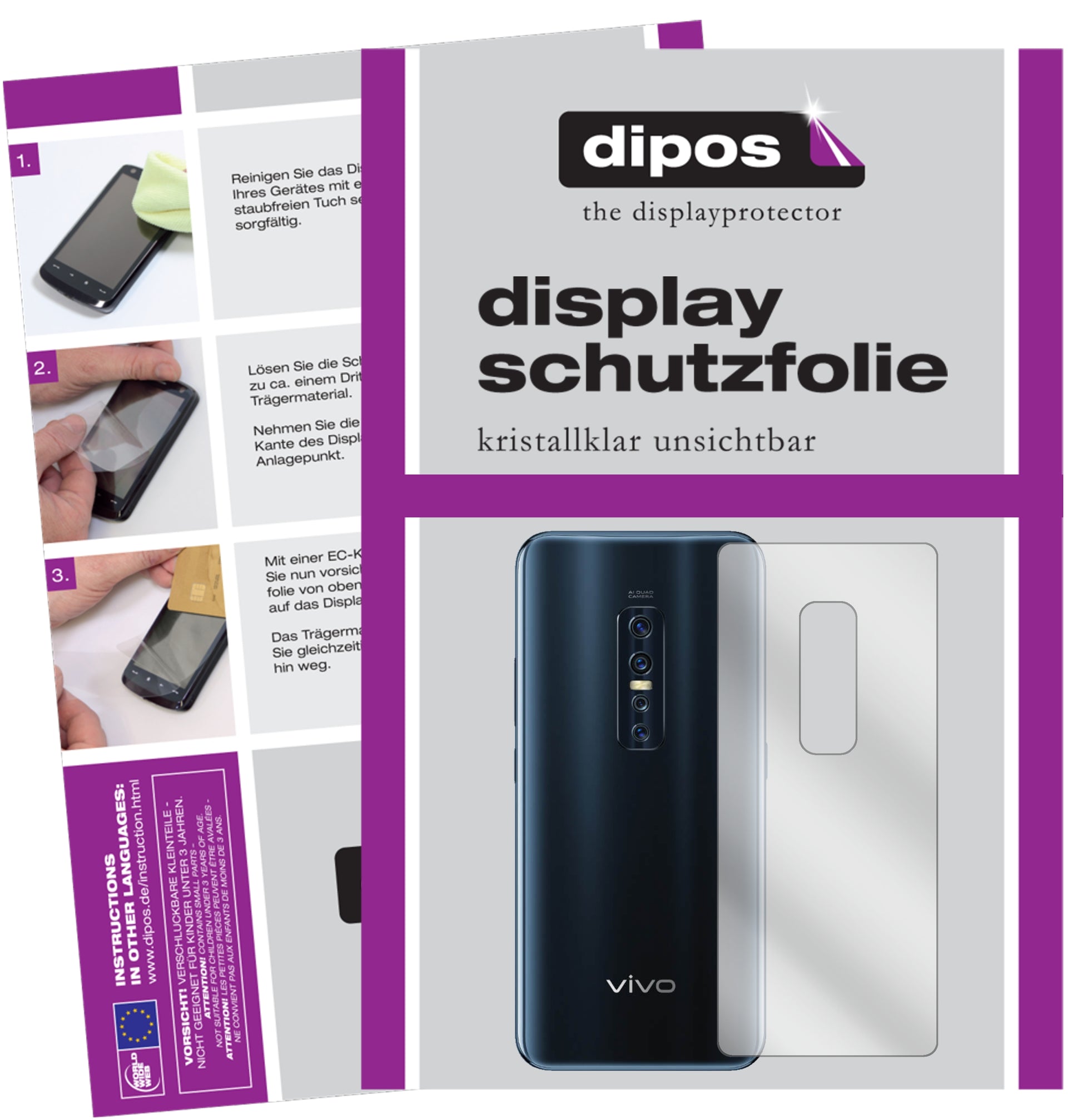 Klare Displayschutzfolie von dipos passend für Vivo V17 Pro Rückseite, präziser Zuschnitt und blasenfrei montiert