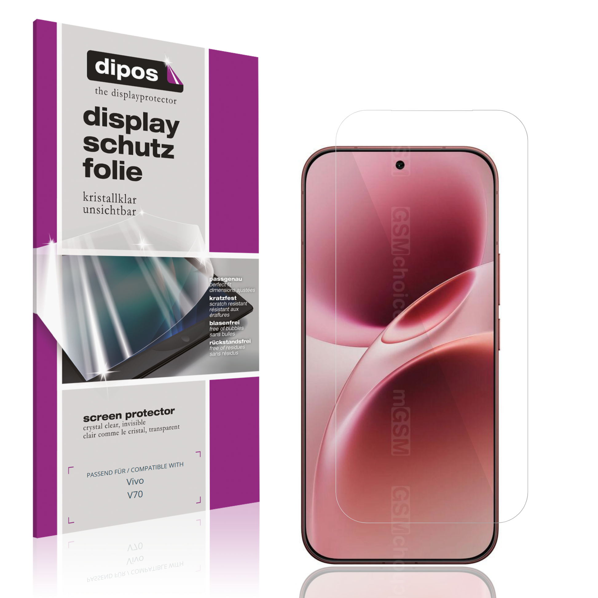 Klare Displayschutzfolie von dipos passend für Vivo V70, präziser Zuschnitt und blasenfrei montiert