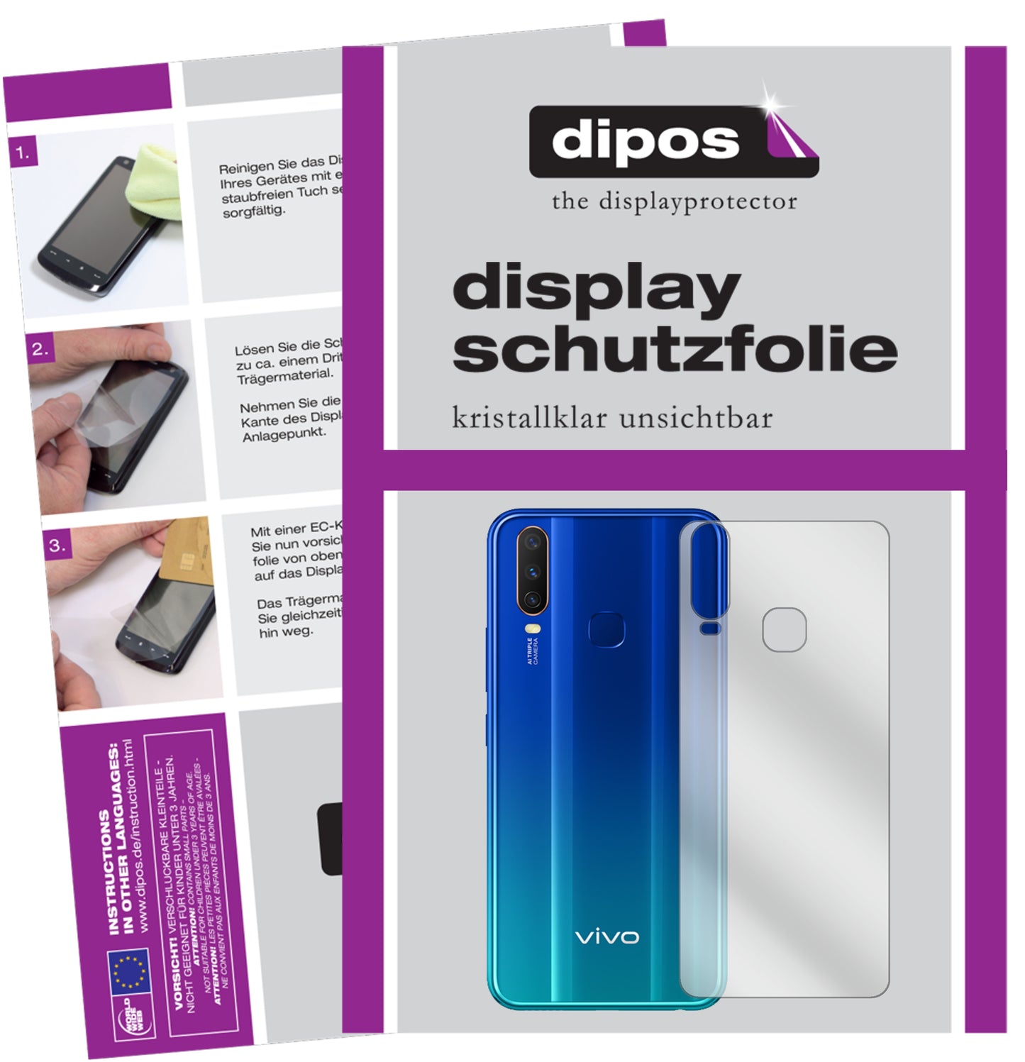Klare Displayschutzfolie von dipos passend für Vivo Y11 (2019) Rückseite, präziser Zuschnitt und blasenfrei montiert