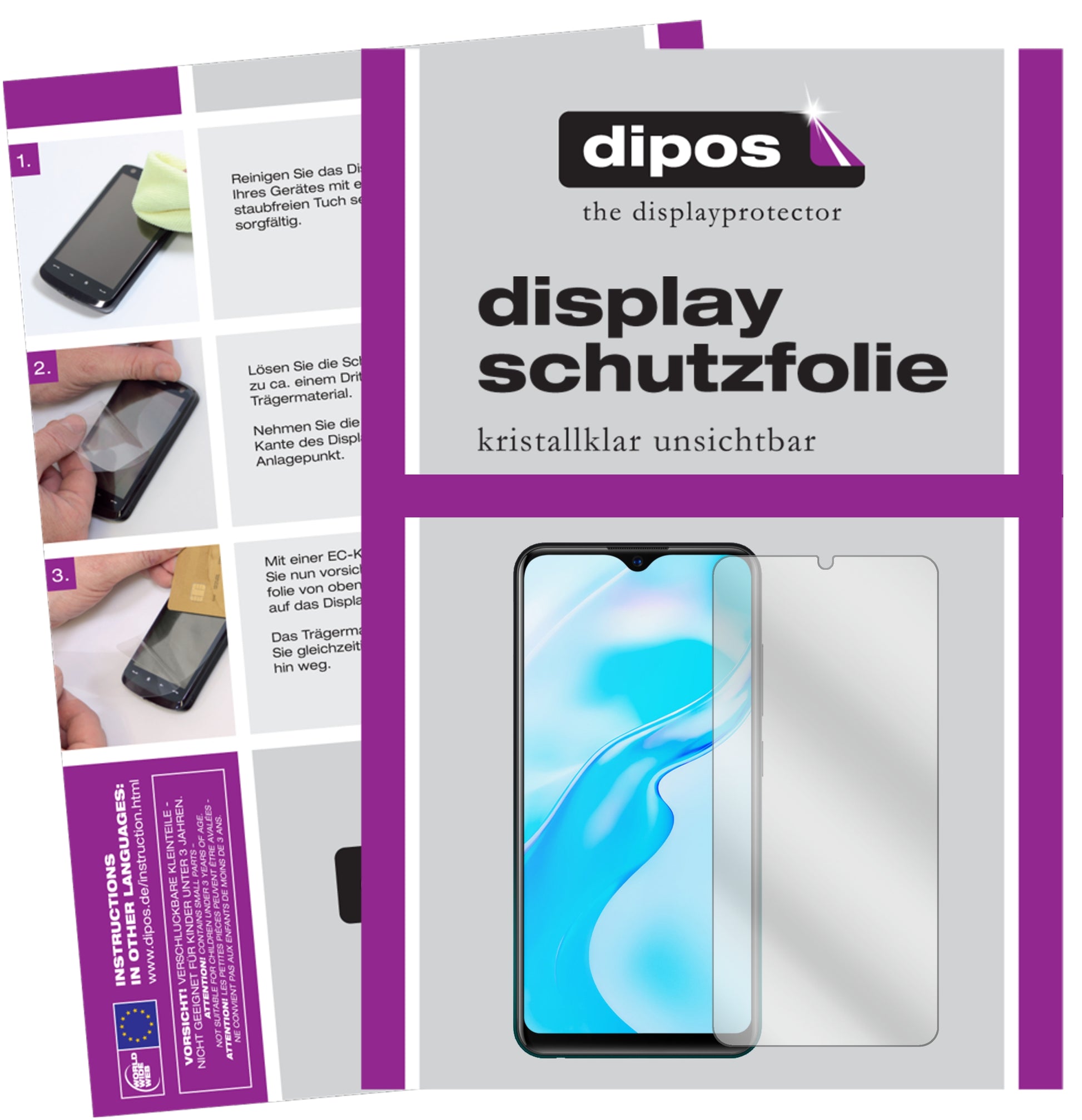 Klare Displayschutzfolie von dipos passend für Vivo Y1s, präziser Zuschnitt und blasenfrei montiert
