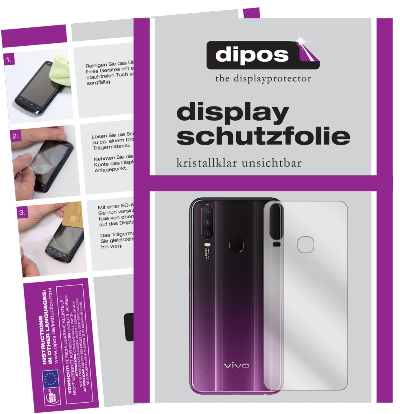 Klare Displayschutzfolie von dipos passend für Vivo Y17 Rückseite, präziser Zuschnitt und blasenfrei montiert