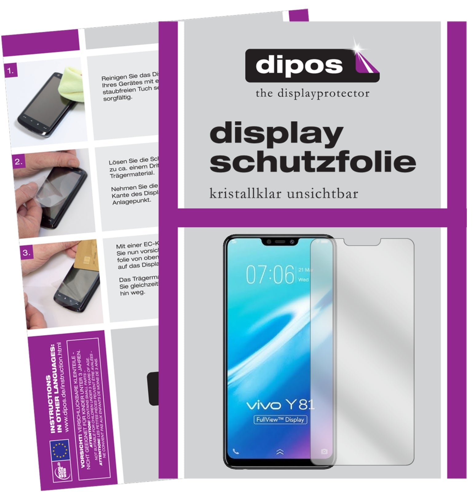 Klare Displayschutzfolie von dipos passend für Vivo Y81, präziser Zuschnitt und blasenfrei montiert