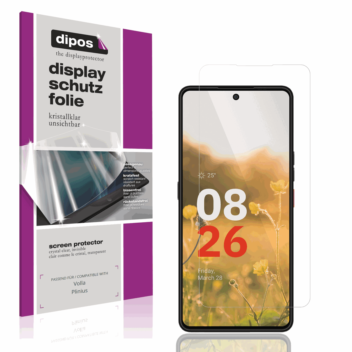 Klare Displayschutzfolie von dipos passend für Volla Plinius, präziser Zuschnitt und blasenfrei montiert