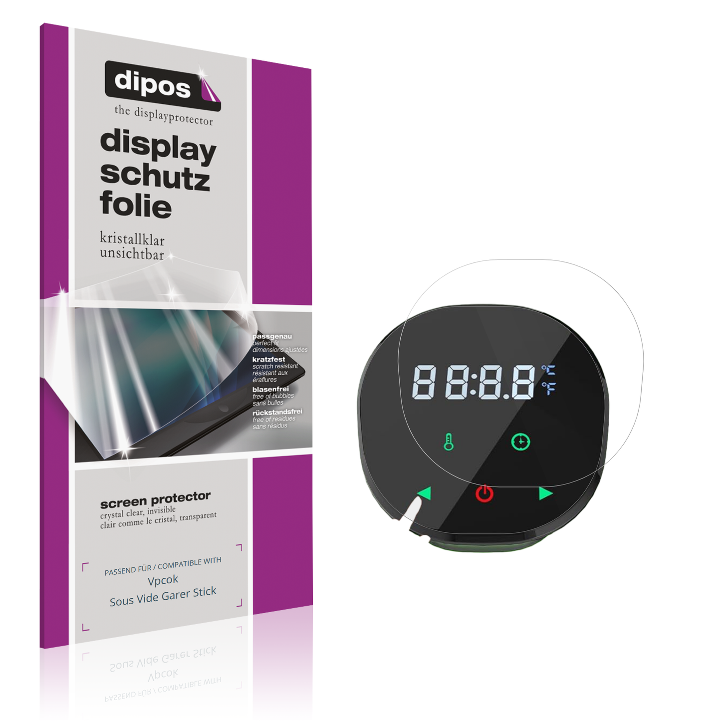 Klare Displayschutzfolie von dipos passend für Vpcok Sous Vide Garer Stick, präziser Zuschnitt und blasenfrei montiert