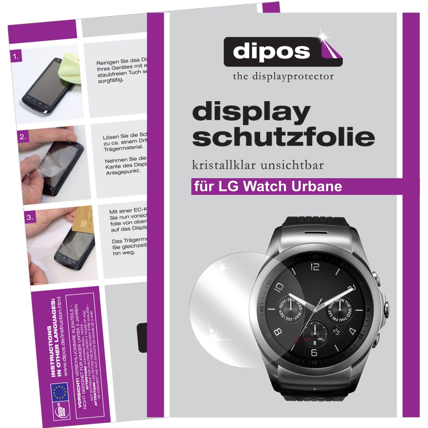 Klare Displayschutzfolie von dipos passend für Watch Urbane LG, präziser Zuschnitt und blasenfrei montiert