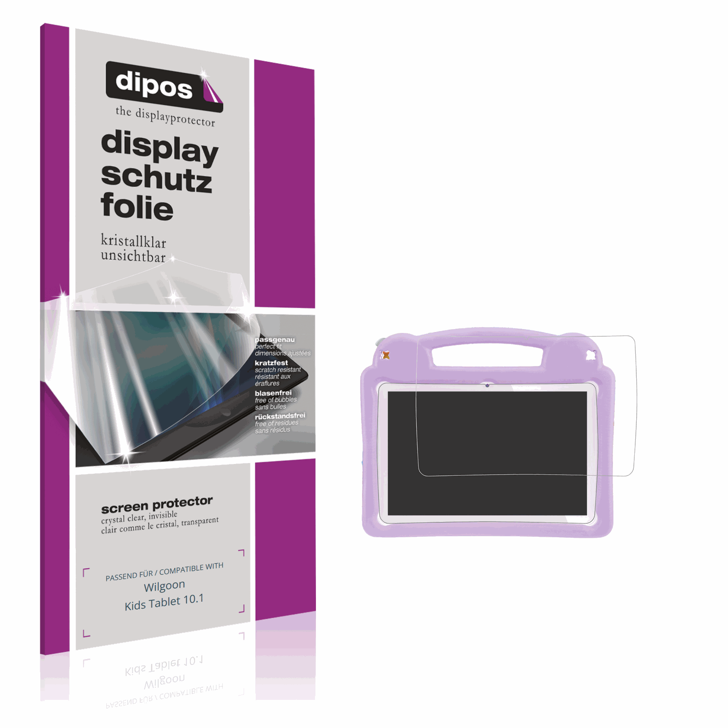 Klare Displayschutzfolie von dipos passend für Wilgoon Kids Tablet 10.1, präziser Zuschnitt und blasenfrei montiert