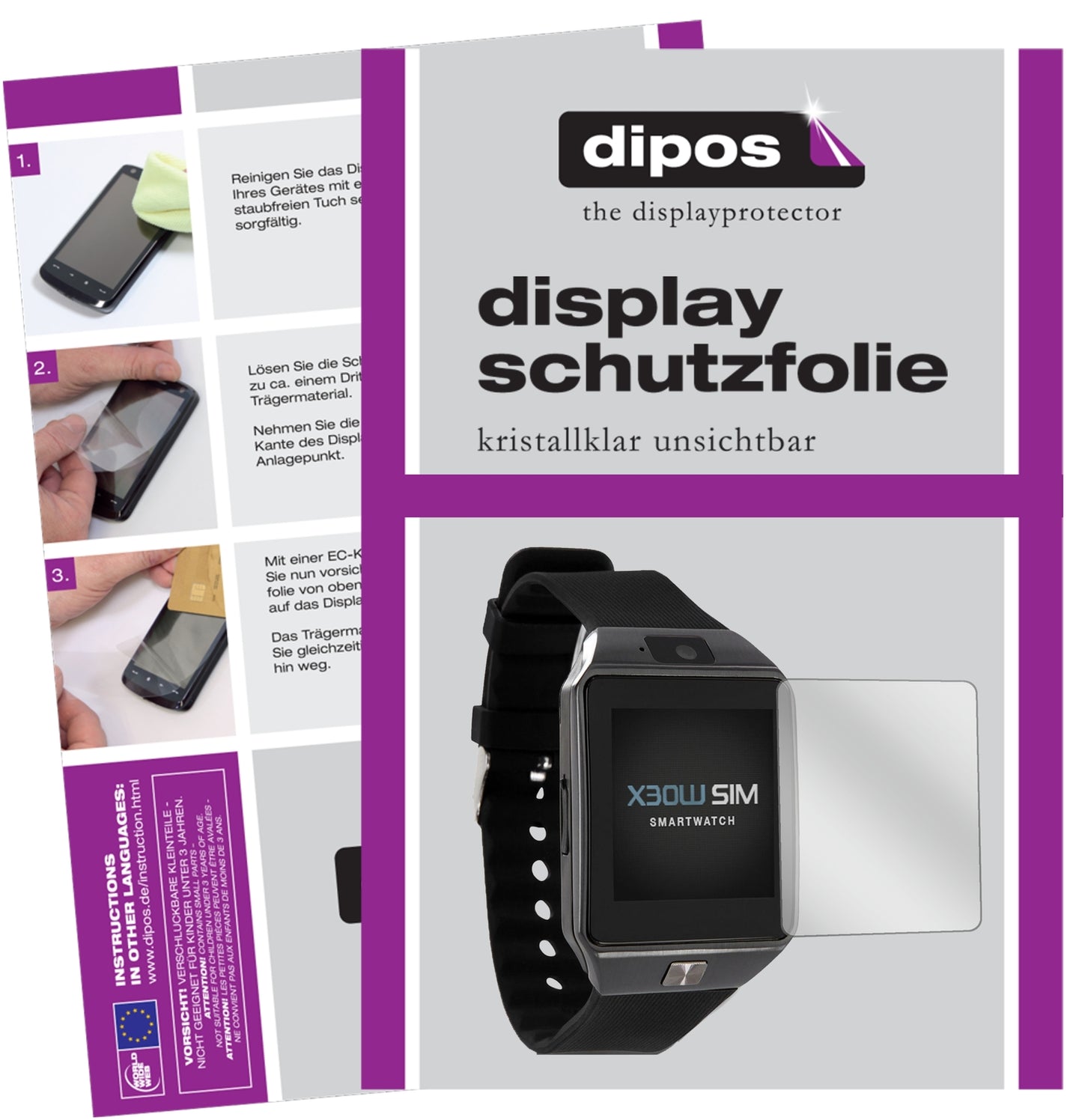 Klare Displayschutzfolie von dipos passend für X-Watch X30W Smartwatch, präziser Zuschnitt und blasenfrei montiert