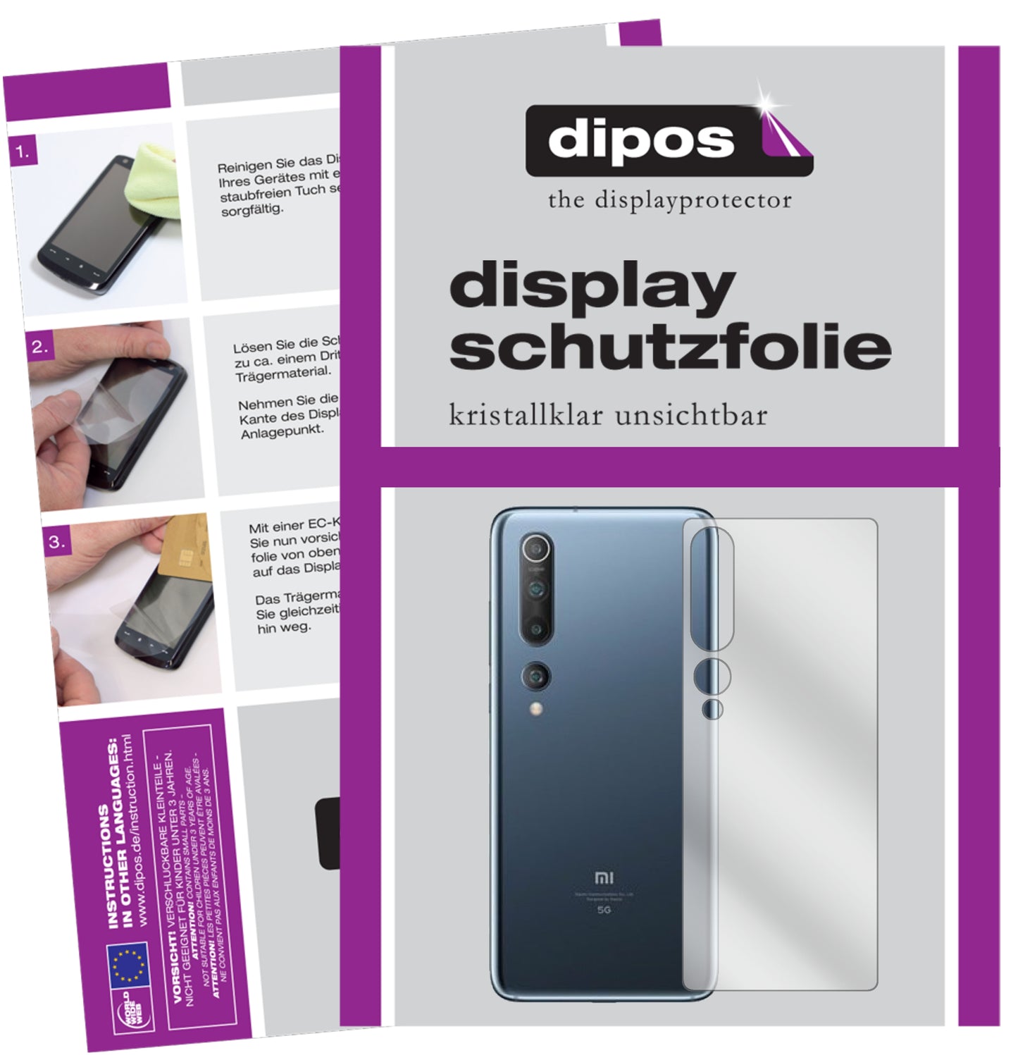 Klare Displayschutzfolie von dipos passend für Xiaomi Mi 10 Pro Rückseite, präziser Zuschnitt und blasenfrei montiert
