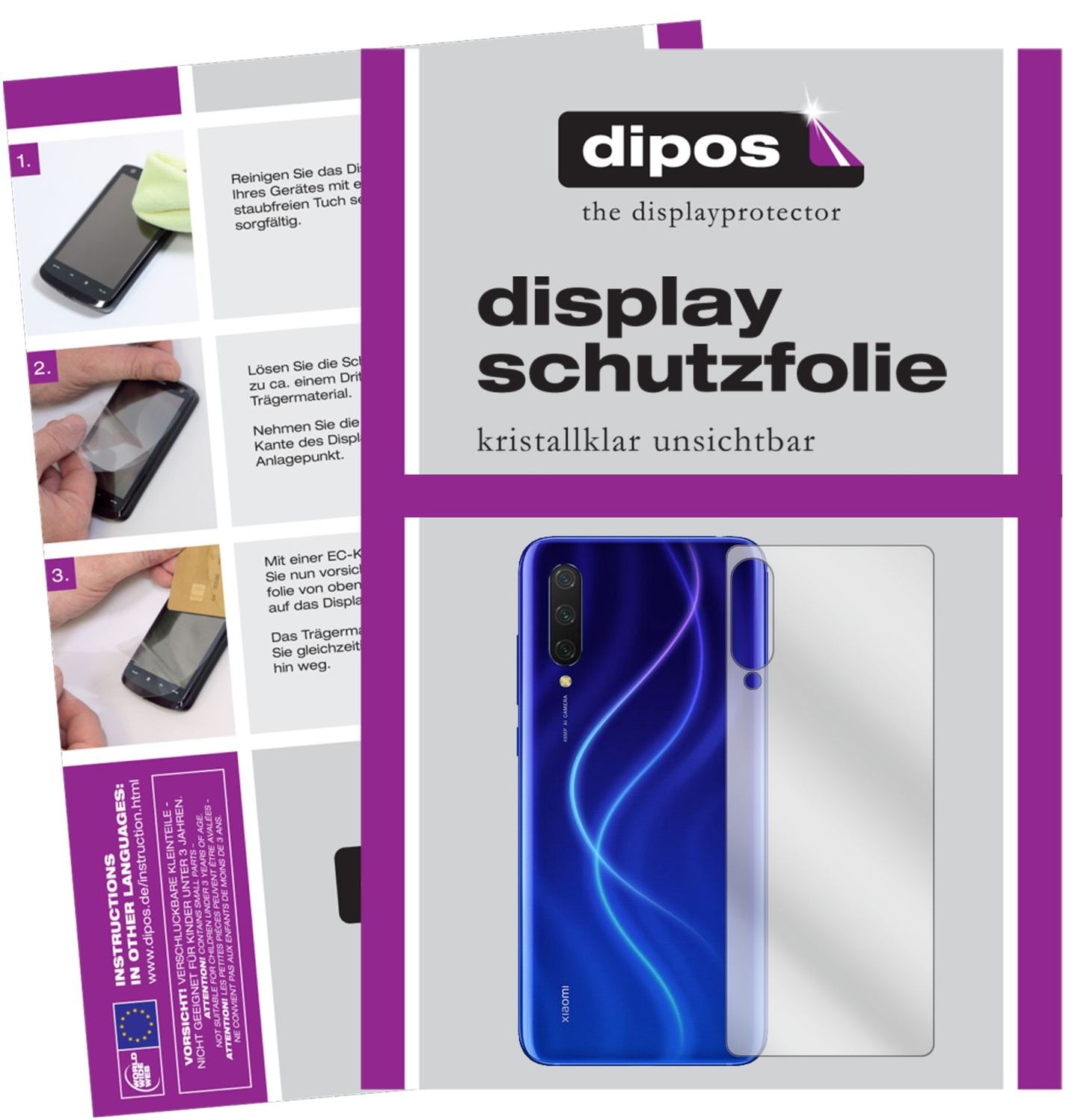 Klare Displayschutzfolie von dipos passend für Xiaomi Mi CC9e Rückseite, präziser Zuschnitt und blasenfrei montiert