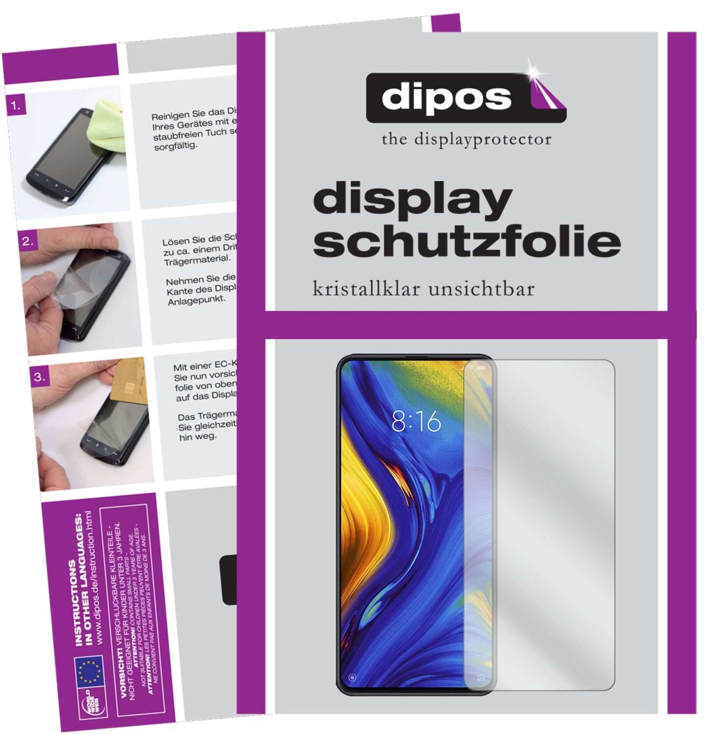 Klare Displayschutzfolie von dipos passend für Xiaomi Mi Mix 3, präziser Zuschnitt und blasenfrei montiert