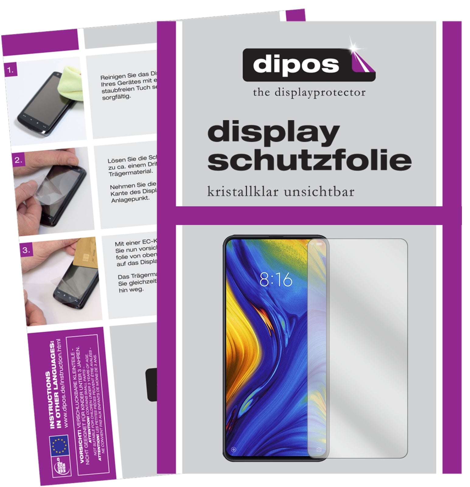 Klare Displayschutzfolie von dipos passend für Xiaomi Mi Mix 3, präziser Zuschnitt und blasenfrei montiert