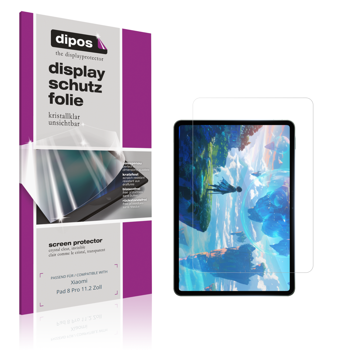 Klare Displayschutzfolie von dipos passend für Xiaomi Pad 8 Pro 11.2 Zoll, präziser Zuschnitt und blasenfrei montiert
