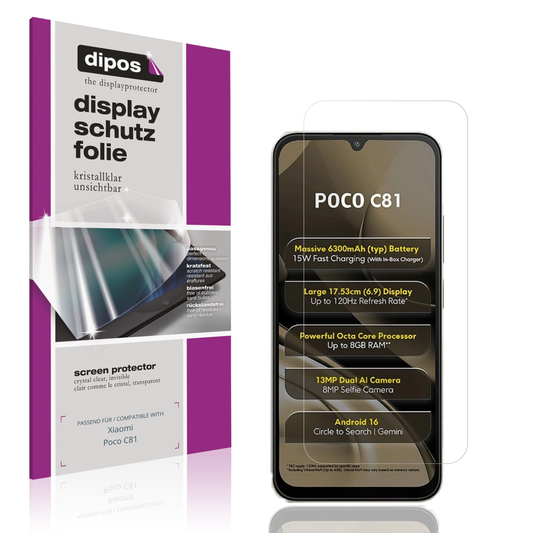 Klare Displayschutzfolie von dipos passend für Xiaomi Poco C81, präziser Zuschnitt und blasenfrei montiert