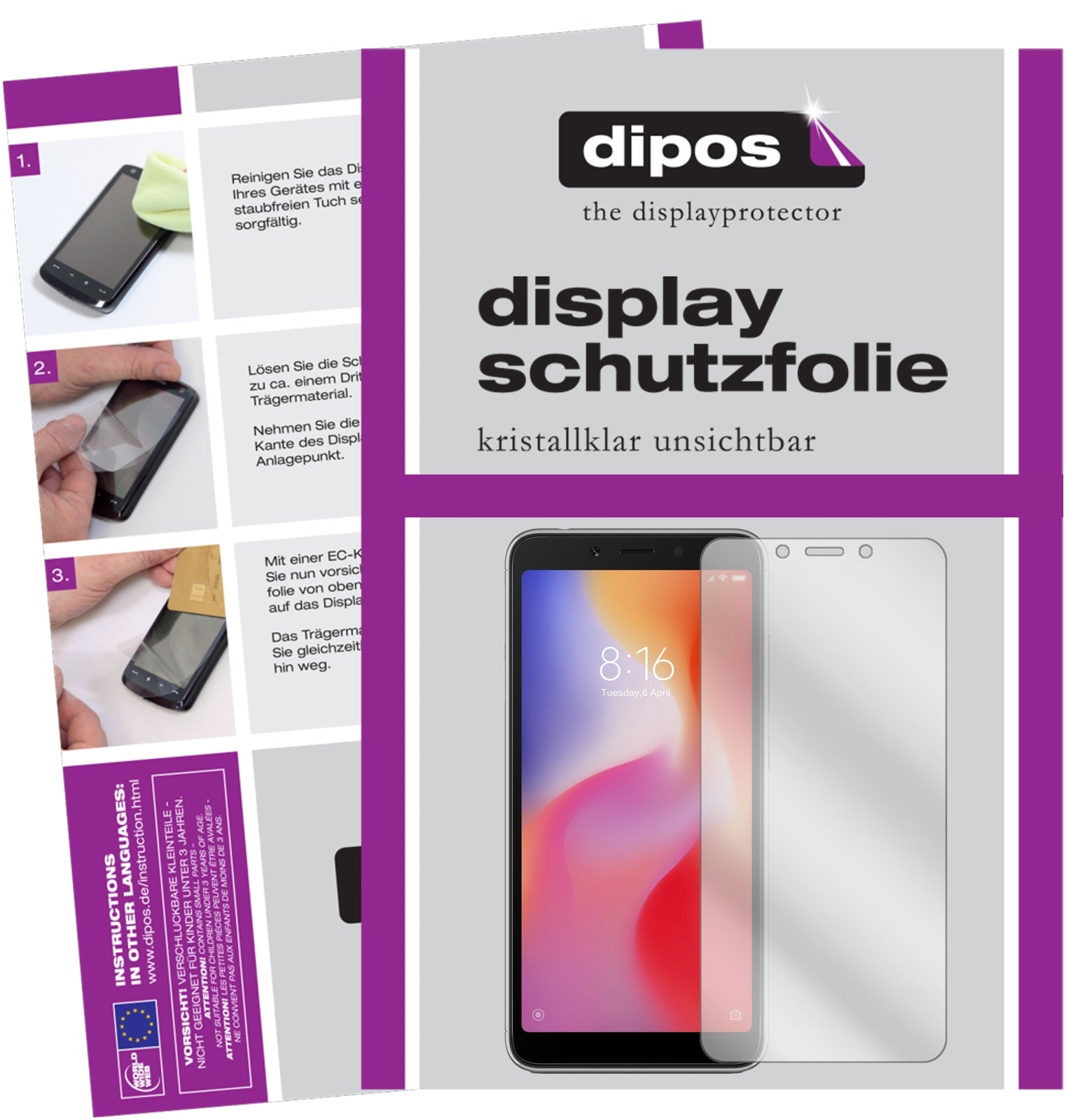 Klare Displayschutzfolie von dipos passend für Xiaomi Redmi 6A, präziser Zuschnitt und blasenfrei montiert