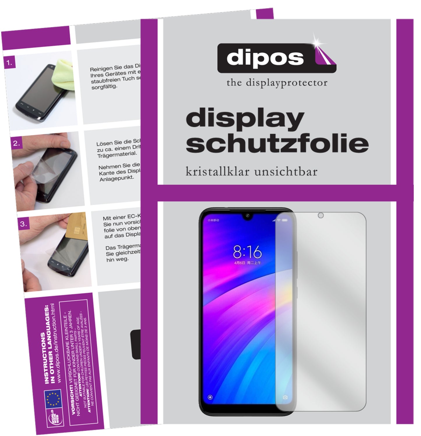Klare Displayschutzfolie von dipos passend für Xiaomi Redmi 7, präziser Zuschnitt und blasenfrei montiert