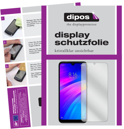 Klare Displayschutzfolie von dipos passend für Xiaomi Redmi 7, präziser Zuschnitt und blasenfrei montiert