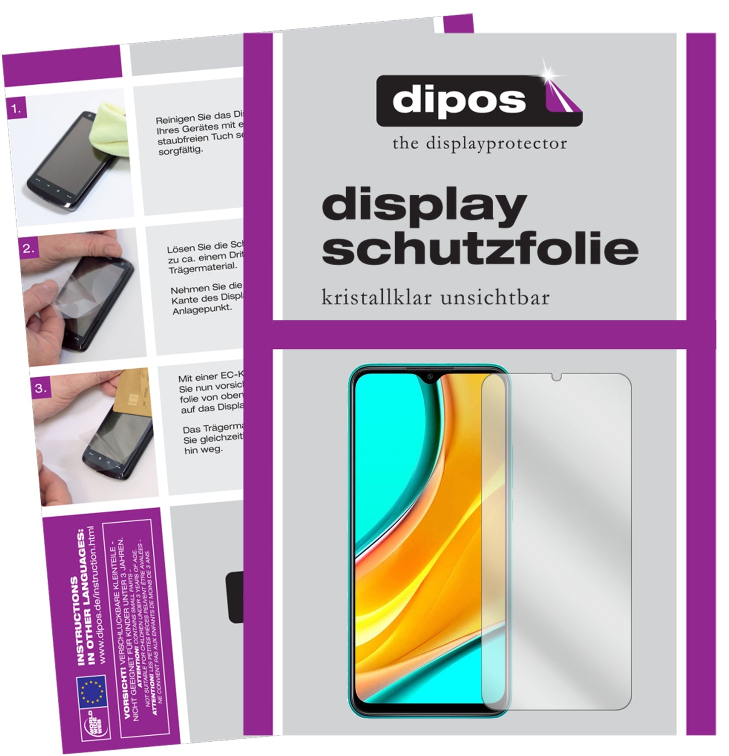 Klare Displayschutzfolie von dipos passend für Xiaomi Redmi 9, präziser Zuschnitt und blasenfrei montiert