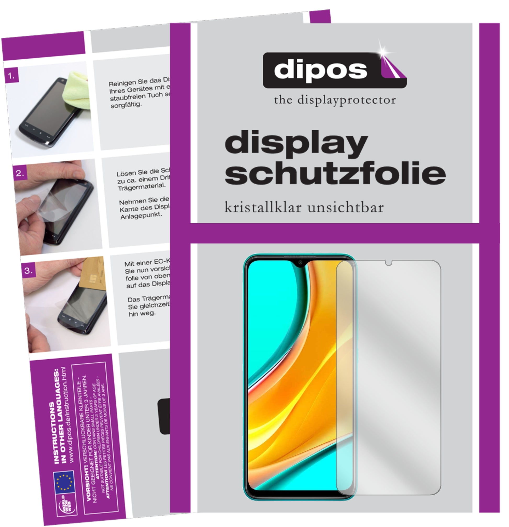 Klare Displayschutzfolie von dipos passend für Xiaomi Redmi 9, präziser Zuschnitt und blasenfrei montiert