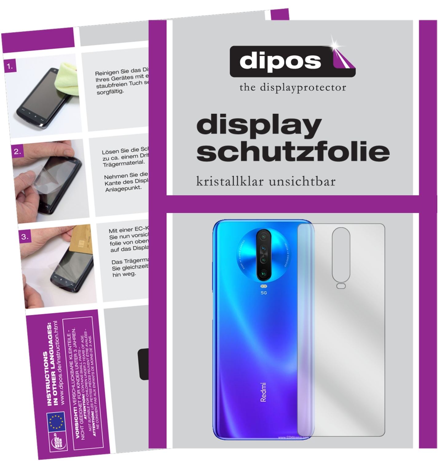 Klare Displayschutzfolie von dipos passend für Xiaomi Redmi K30 5G Racing Rückseite, präziser Zuschnitt und blasenfrei montiert