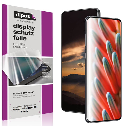 Klare Displayschutzfolie von dipos passend für Xiaomi Redmi Note 12 Pro 4G, präziser Zuschnitt und blasenfrei montiert
