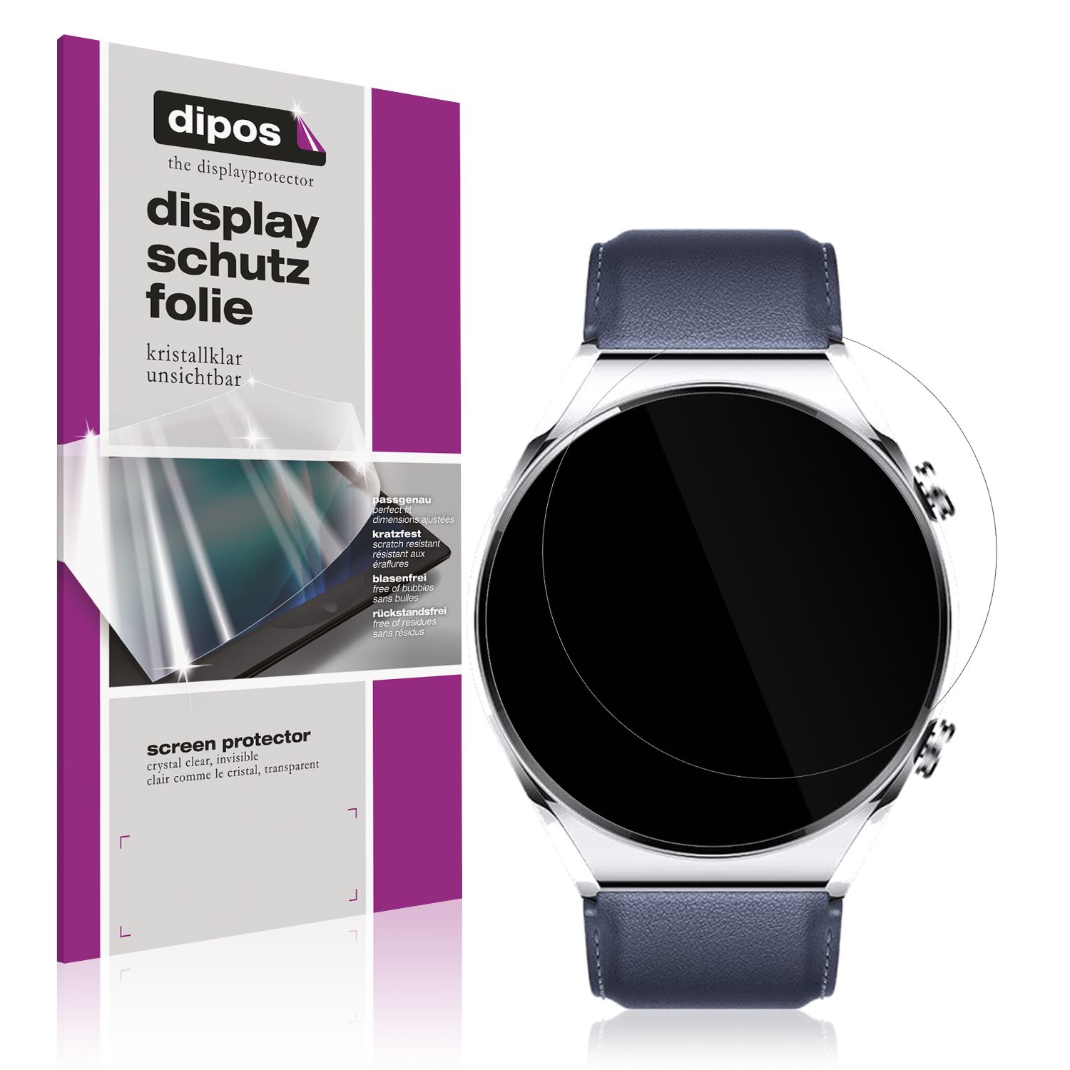 Klare Displayschutzfolie von dipos passend für Xiaomi Watch S1, präziser Zuschnitt und blasenfrei montiert