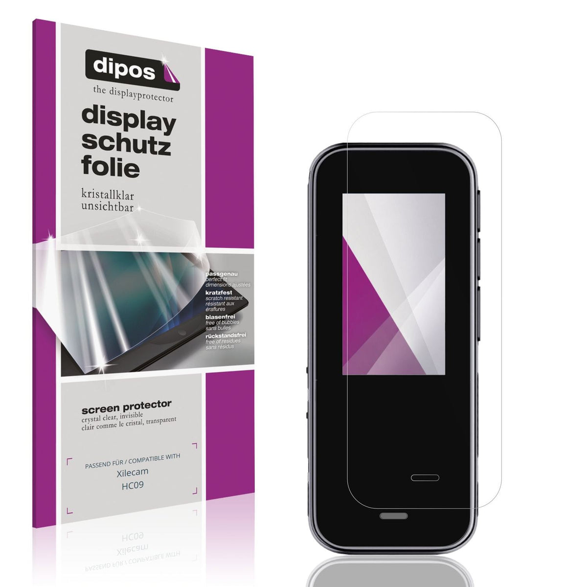 Klare Displayschutzfolie von dipos passend für Xilecam HC09, präziser Zuschnitt und blasenfrei montiert
