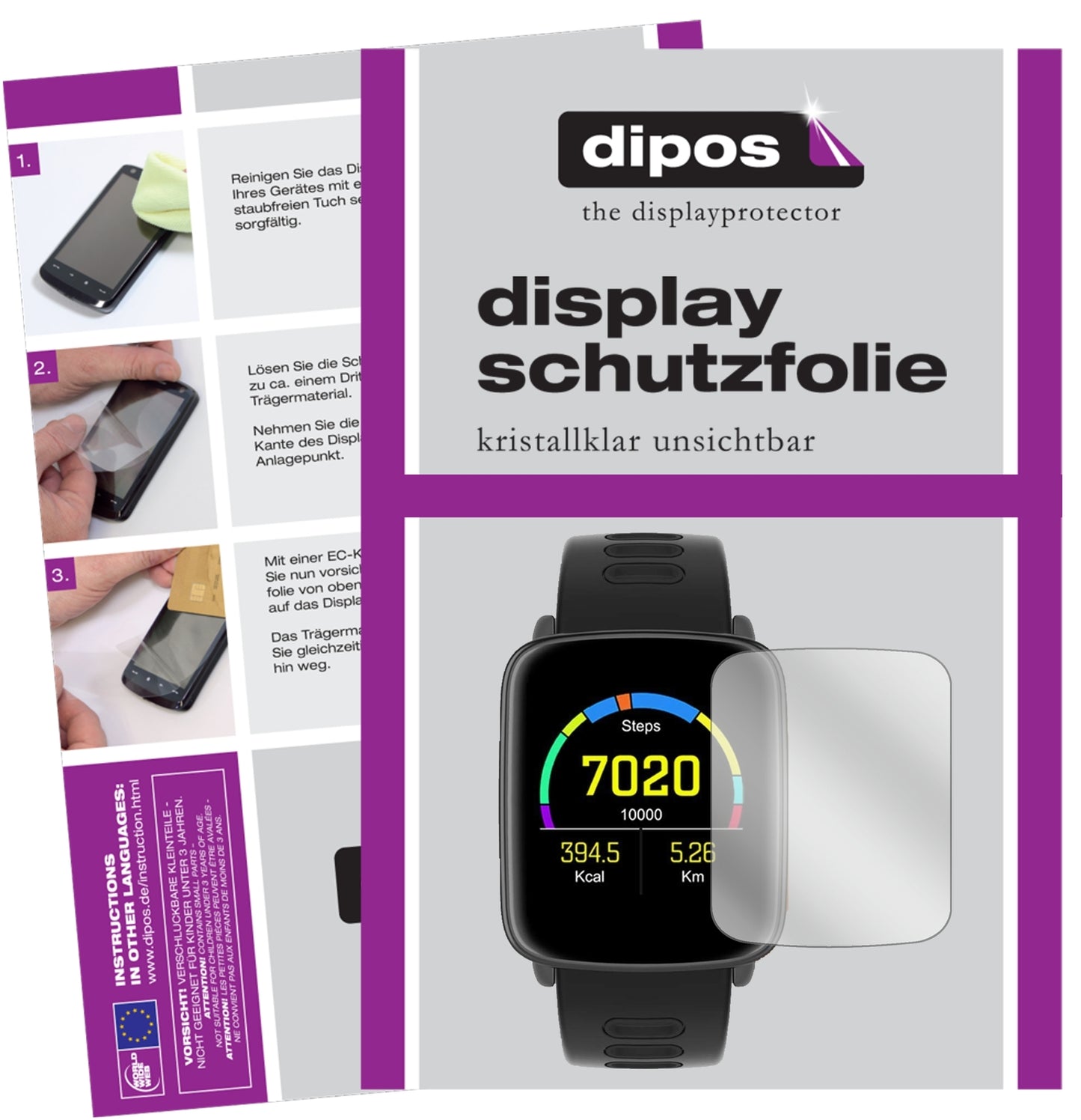 Klare Displayschutzfolie von dipos passend für Yamay SW018 Smartwatch, präziser Zuschnitt und blasenfrei montiert