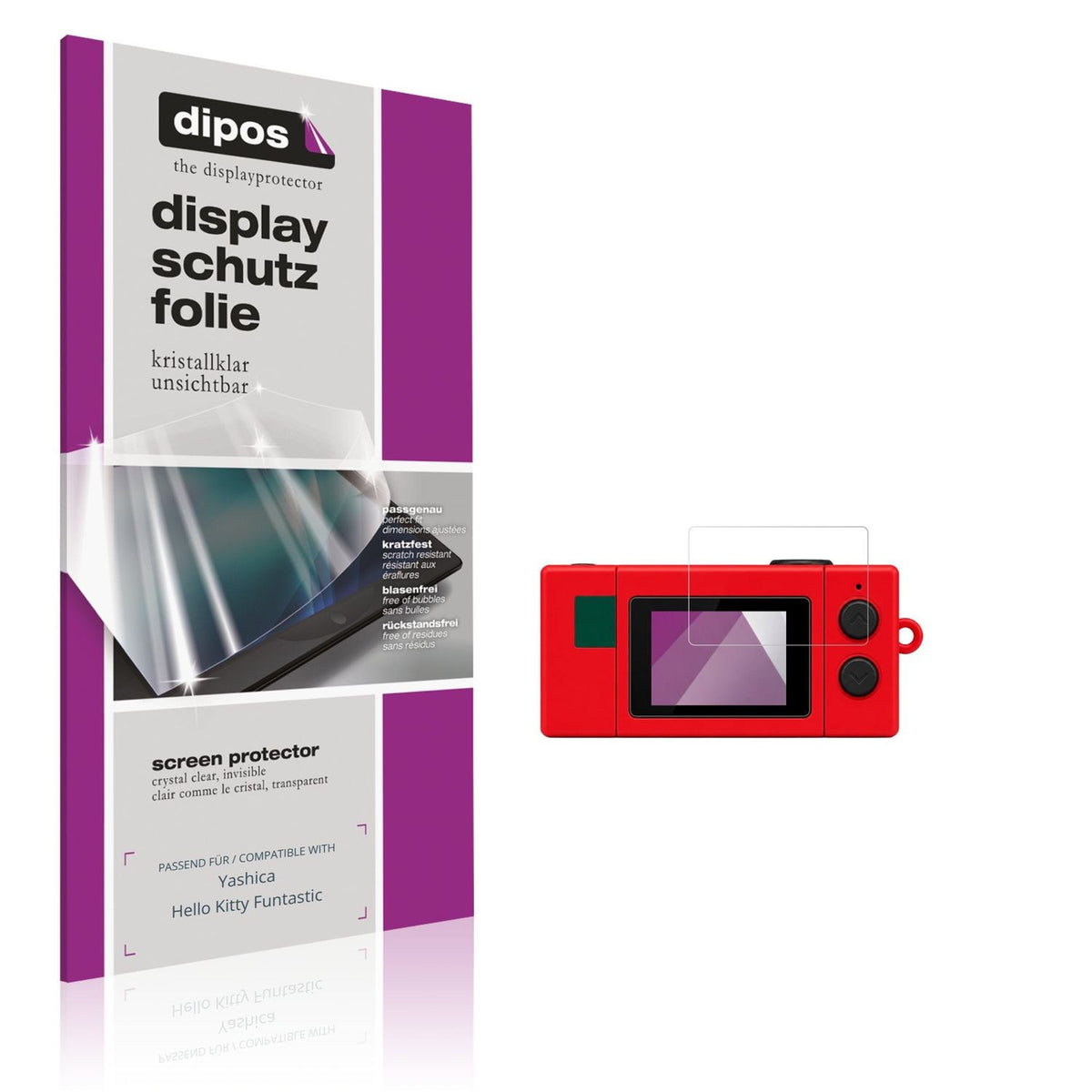 Klare Displayschutzfolie von dipos passend für Yashica Hello Kitty Funtastic, präziser Zuschnitt und blasenfrei montiert
