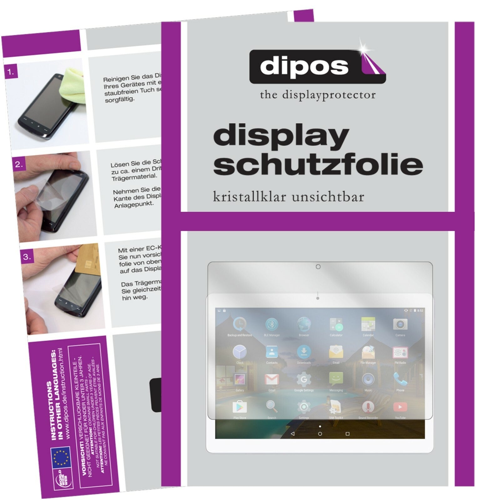 Klare Displayschutzfolie von dipos passend für Yuntab K107 10,1 Zoll, präziser Zuschnitt und blasenfrei montiert