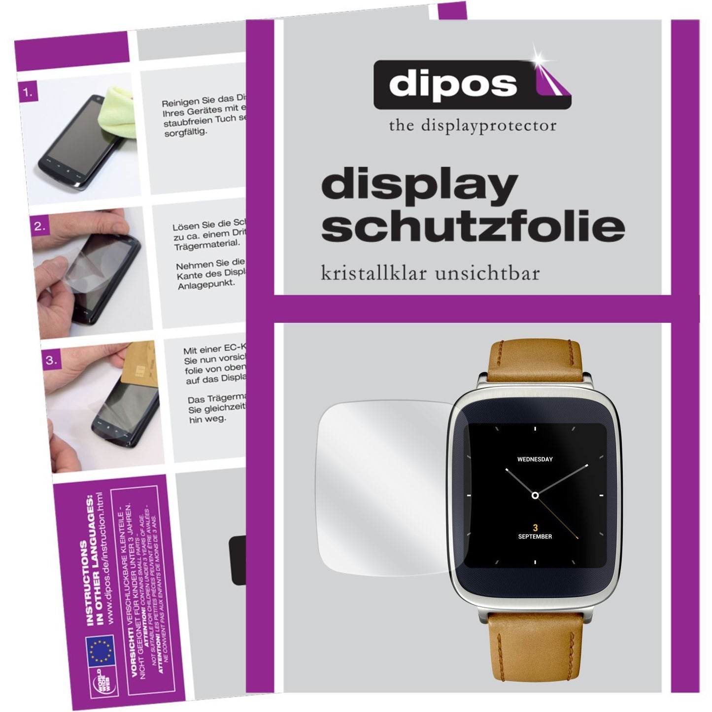 Klare Displayschutzfolie von dipos passend für ZenWatch Asus, präziser Zuschnitt und blasenfrei montiert