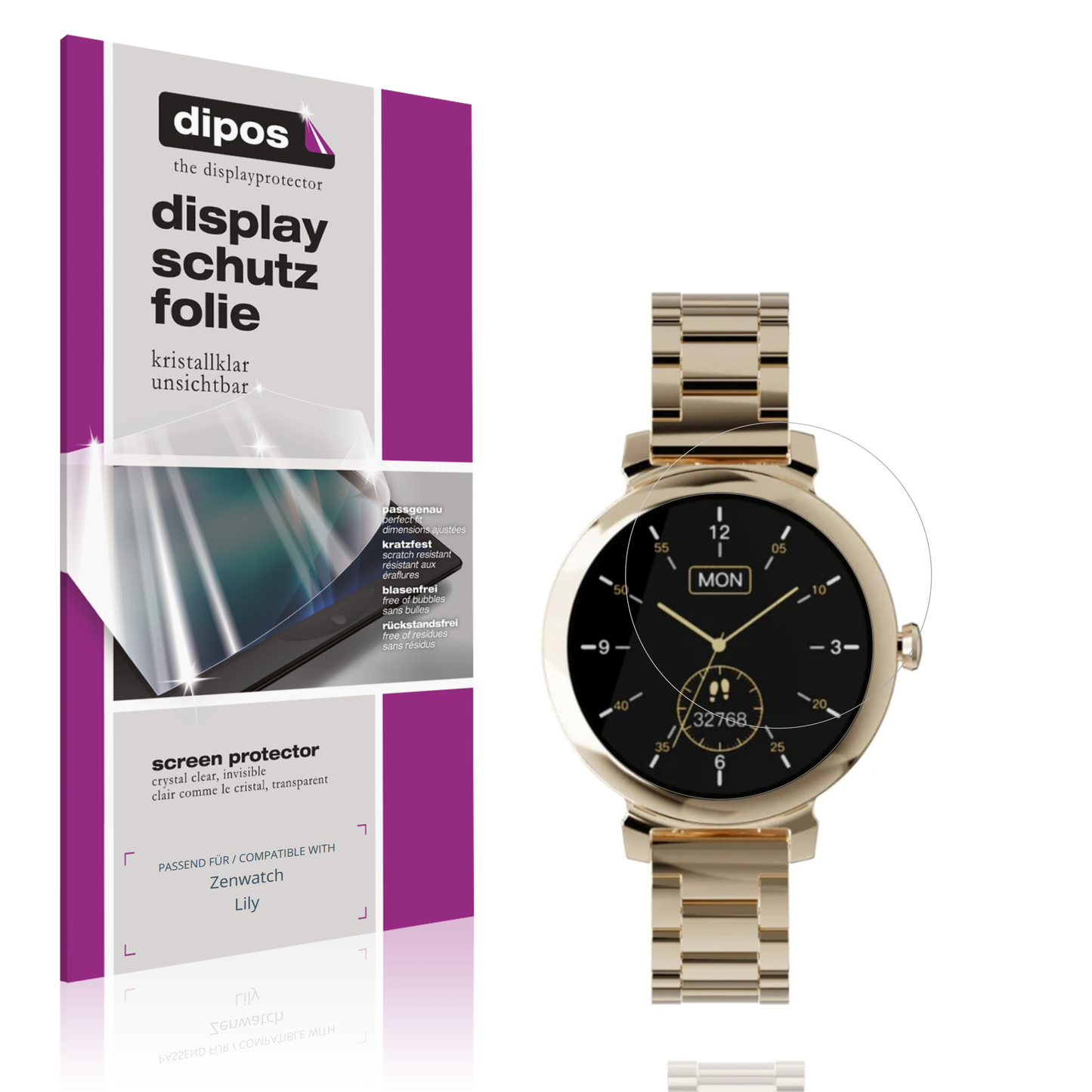 Klare Displayschutzfolie von dipos passend für Zenwatch Lily, präziser Zuschnitt und blasenfrei montiert