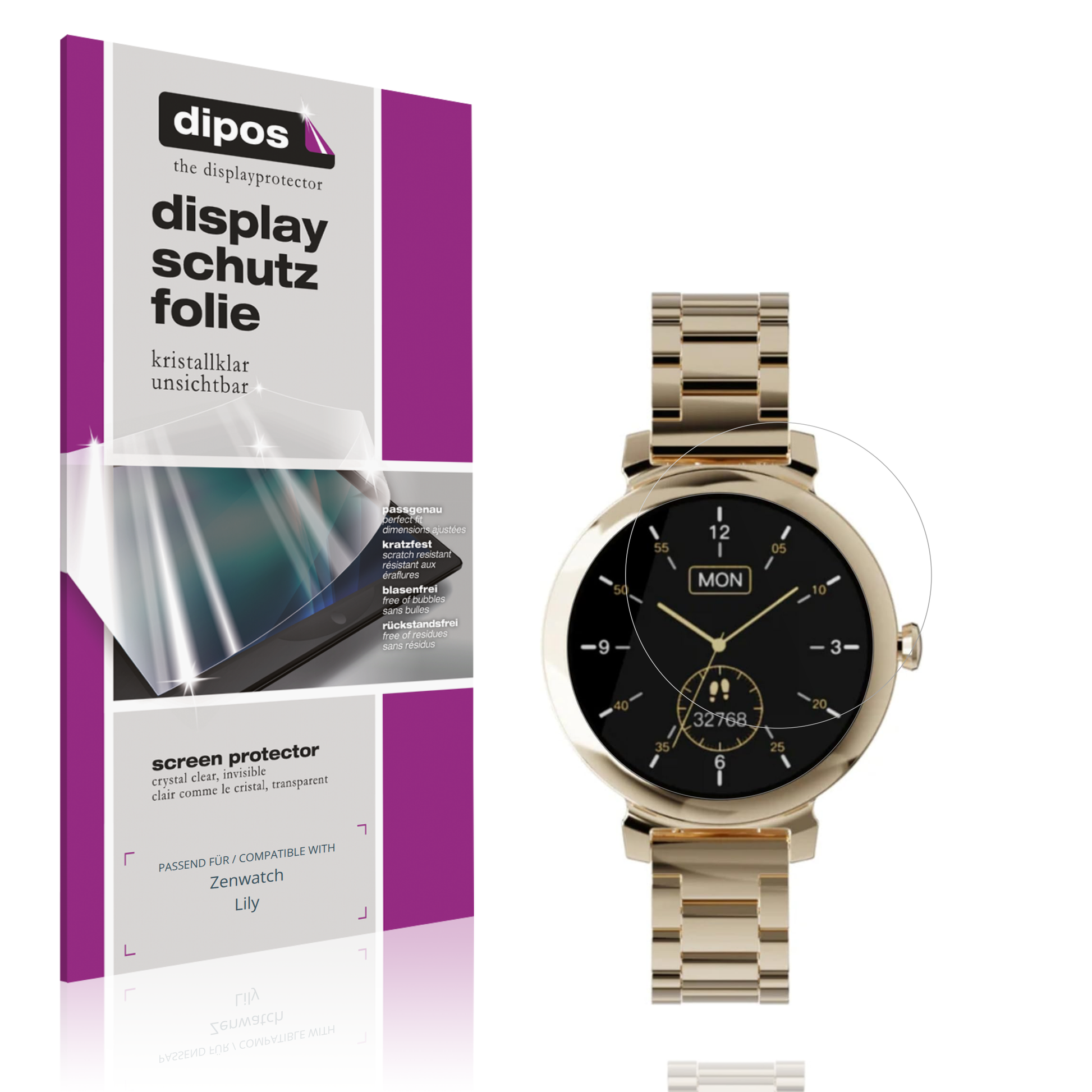 Klare Displayschutzfolie von dipos passend für Zenwatch Lily, präziser Zuschnitt und blasenfrei montiert