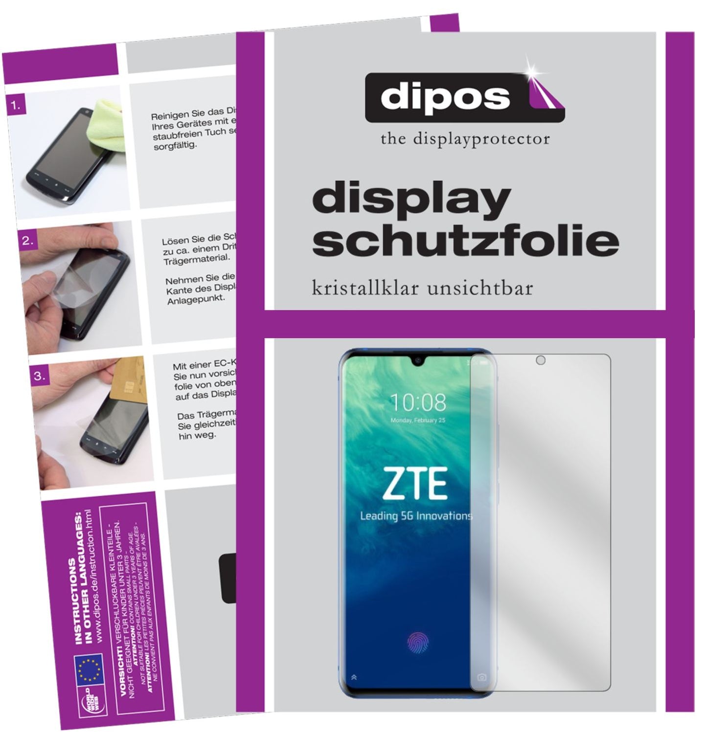 Klare Displayschutzfolie von dipos passend für ZTE Axon 10s Pro, präziser Zuschnitt und blasenfrei montiert