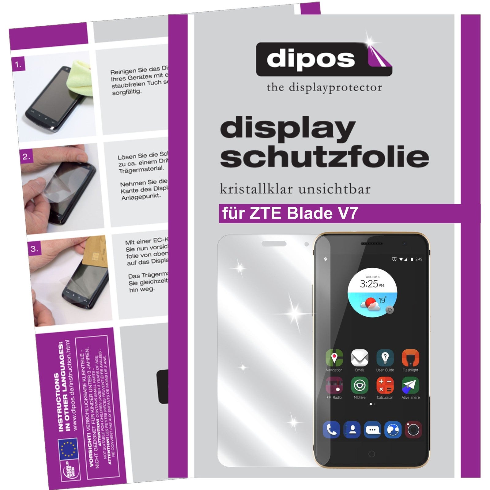 Klare Displayschutzfolie von dipos passend für ZTE Blade V7, präziser Zuschnitt und blasenfrei montiert