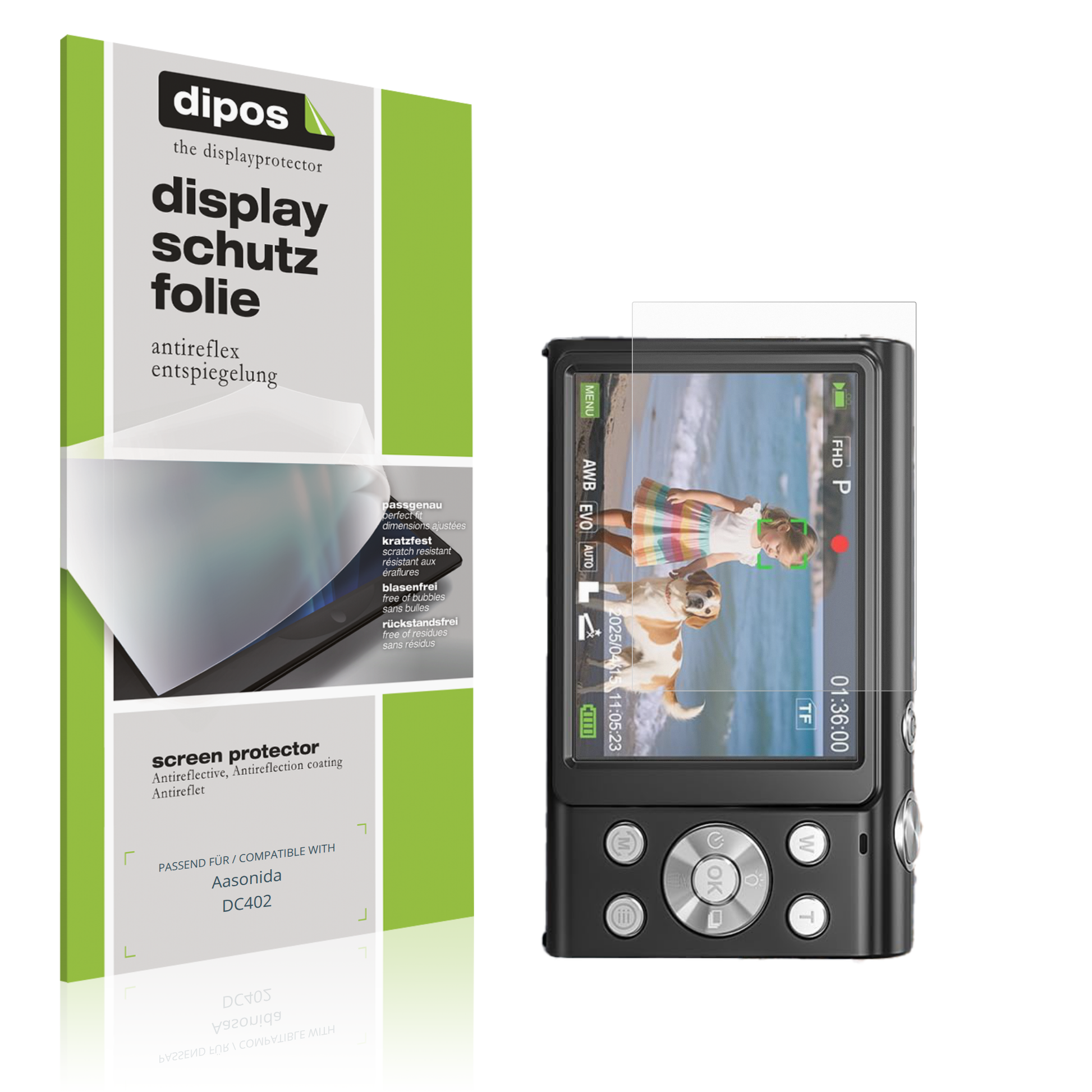 Matte Displayschutzfolie von dipos passend für Aasonida DC402, präziser Zuschnitt und blasenfrei montiert