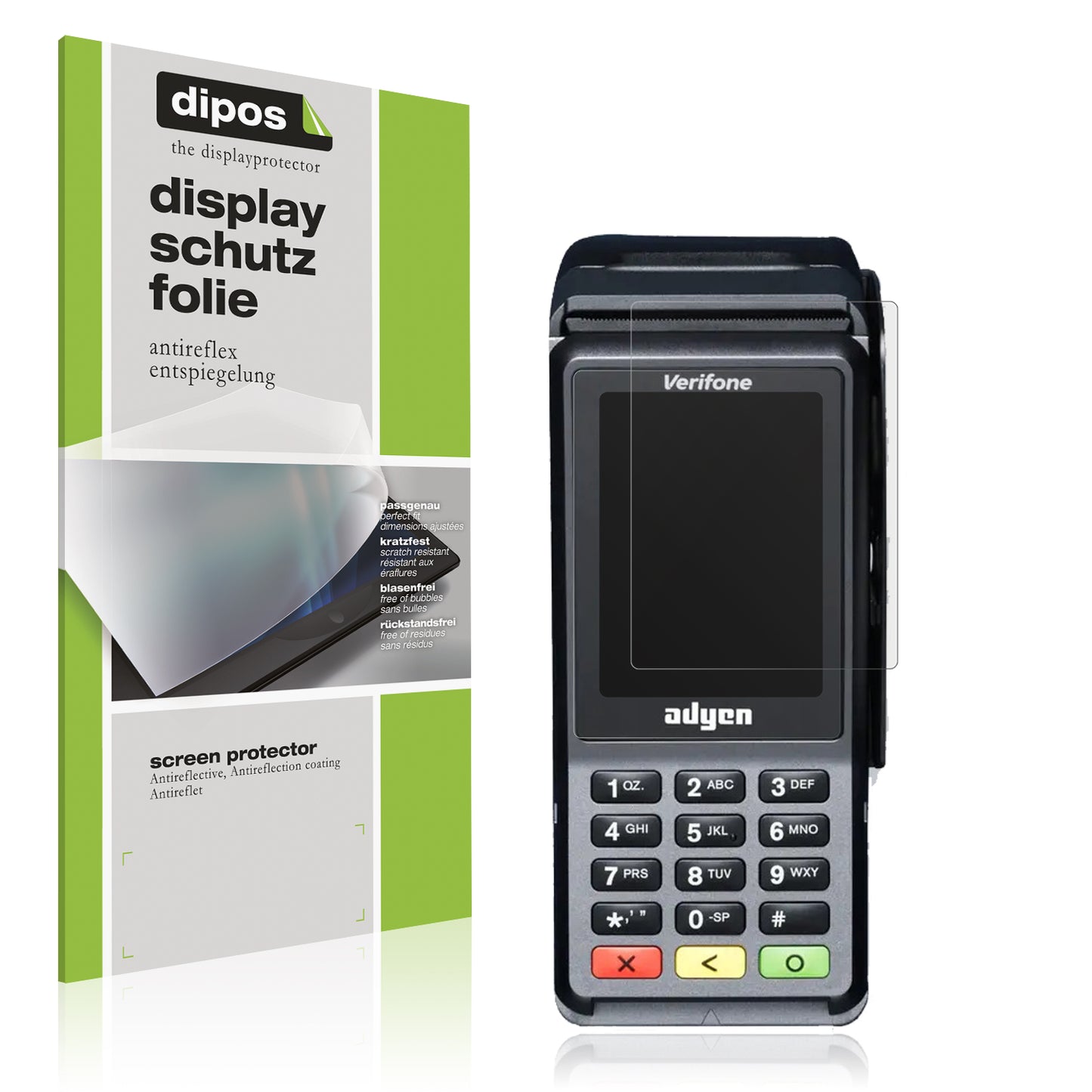 Matte Displayschutzfolie von dipos passend für Adyen V400c Plus, präziser Zuschnitt und blasenfrei montiert