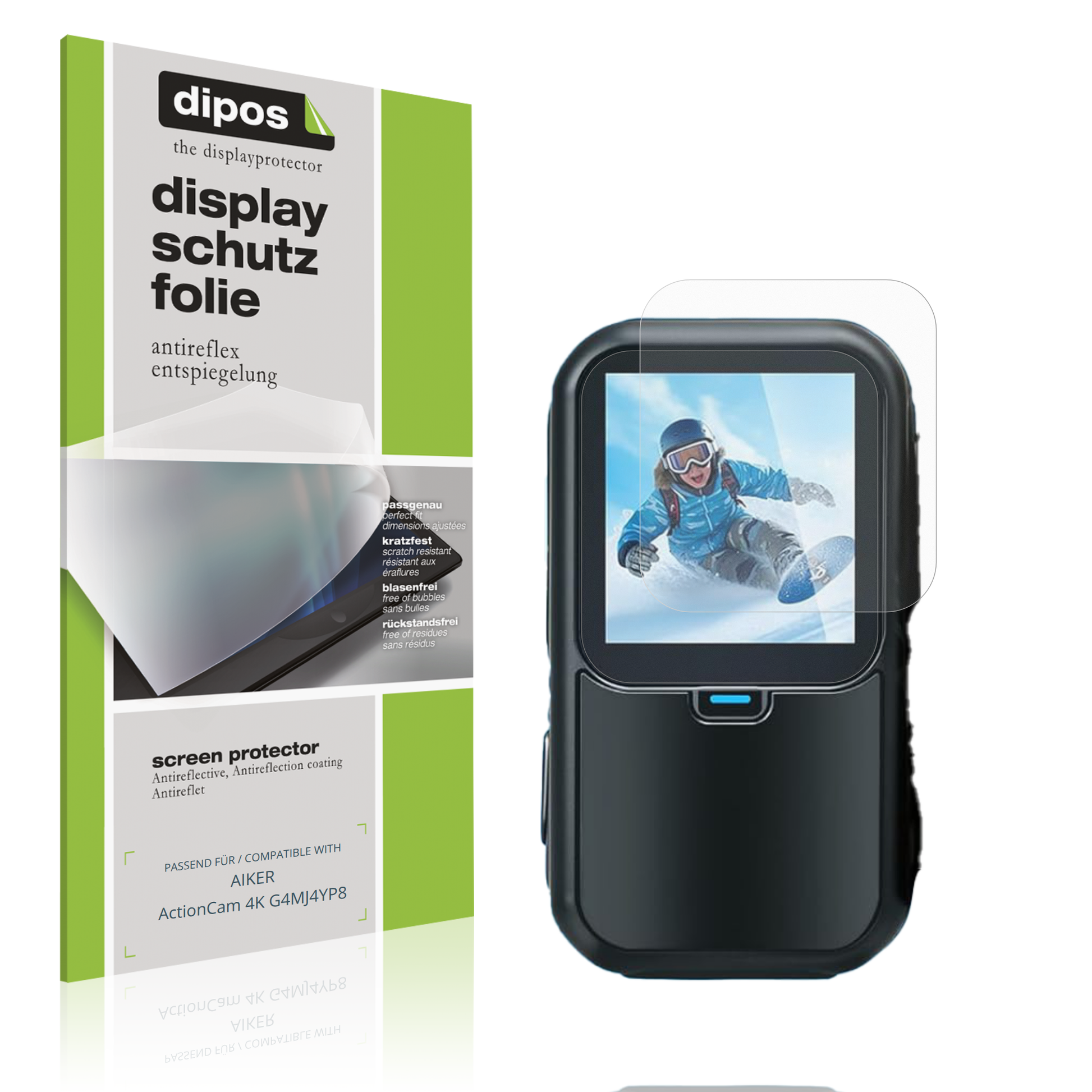 Matte Displayschutzfolie von dipos passend für AIKER ActionCam 4K G4MJ4YP8, präziser Zuschnitt und blasenfrei montiert
